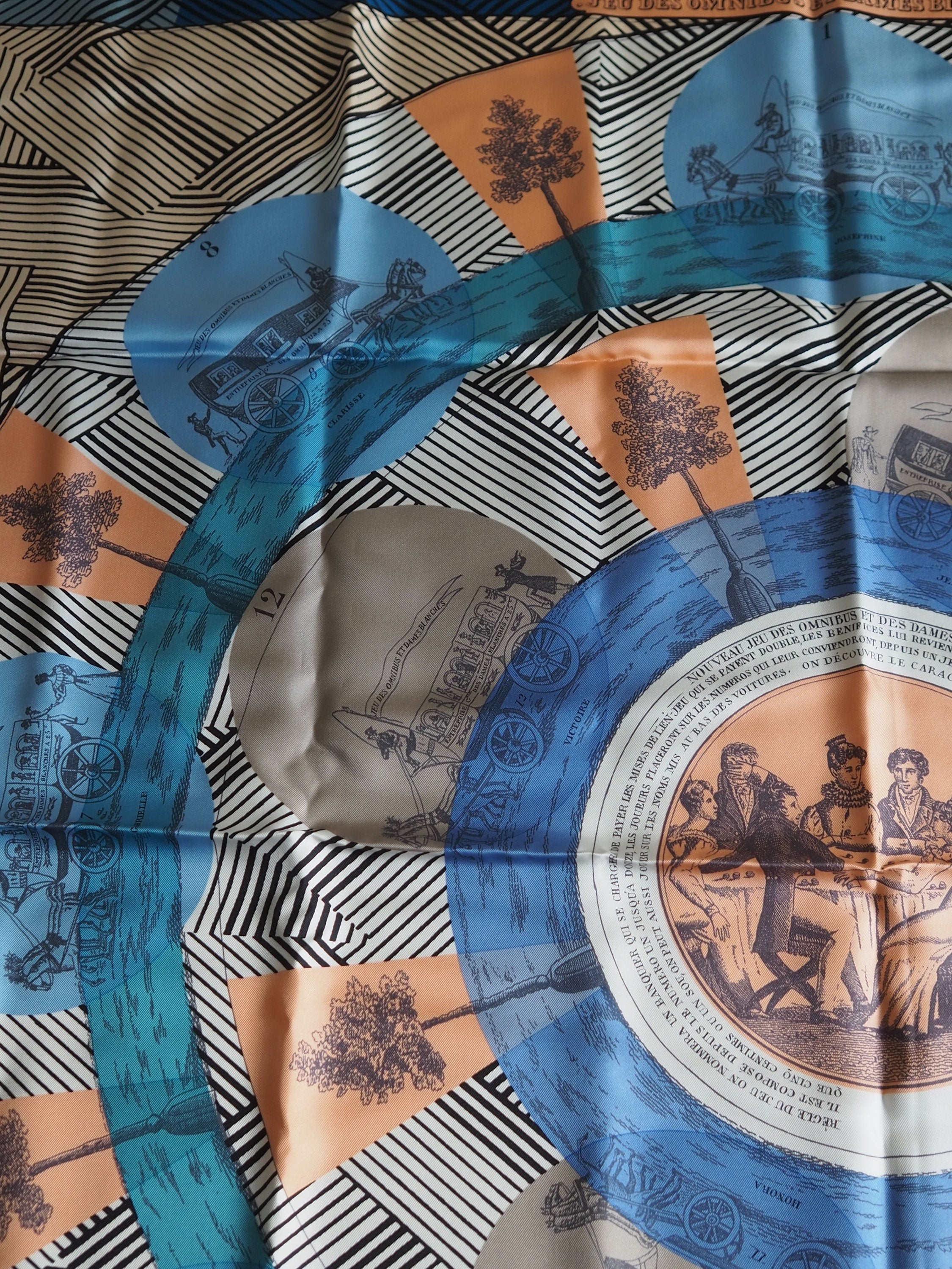 HERMES Scarf Carre 90 " jeu des omnibus et dames blanches " Blue Pink Silk Authentic