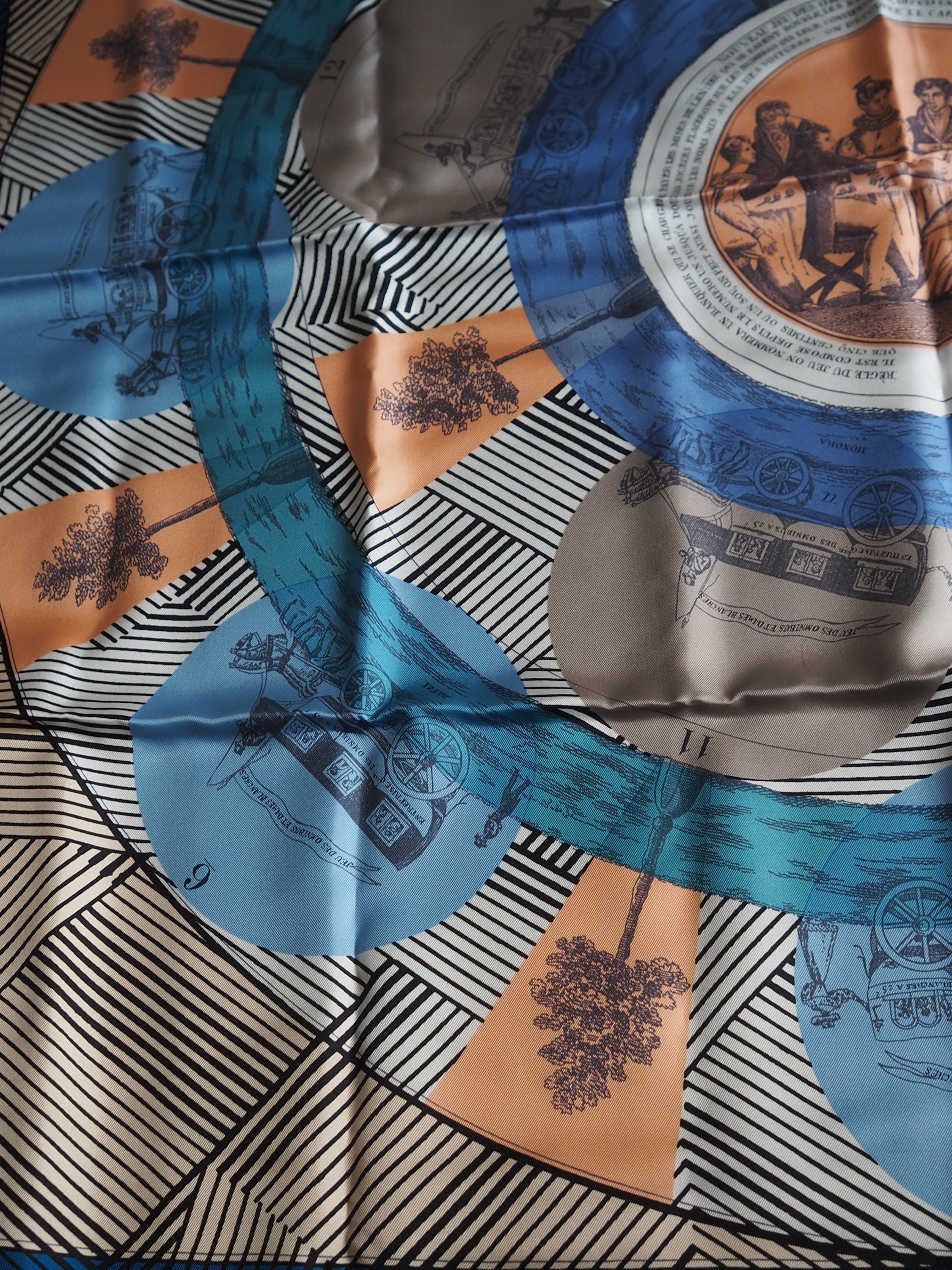 HERMES Scarf Carre 90 " jeu des omnibus et dames blanches " Blue Pink Silk Authentic