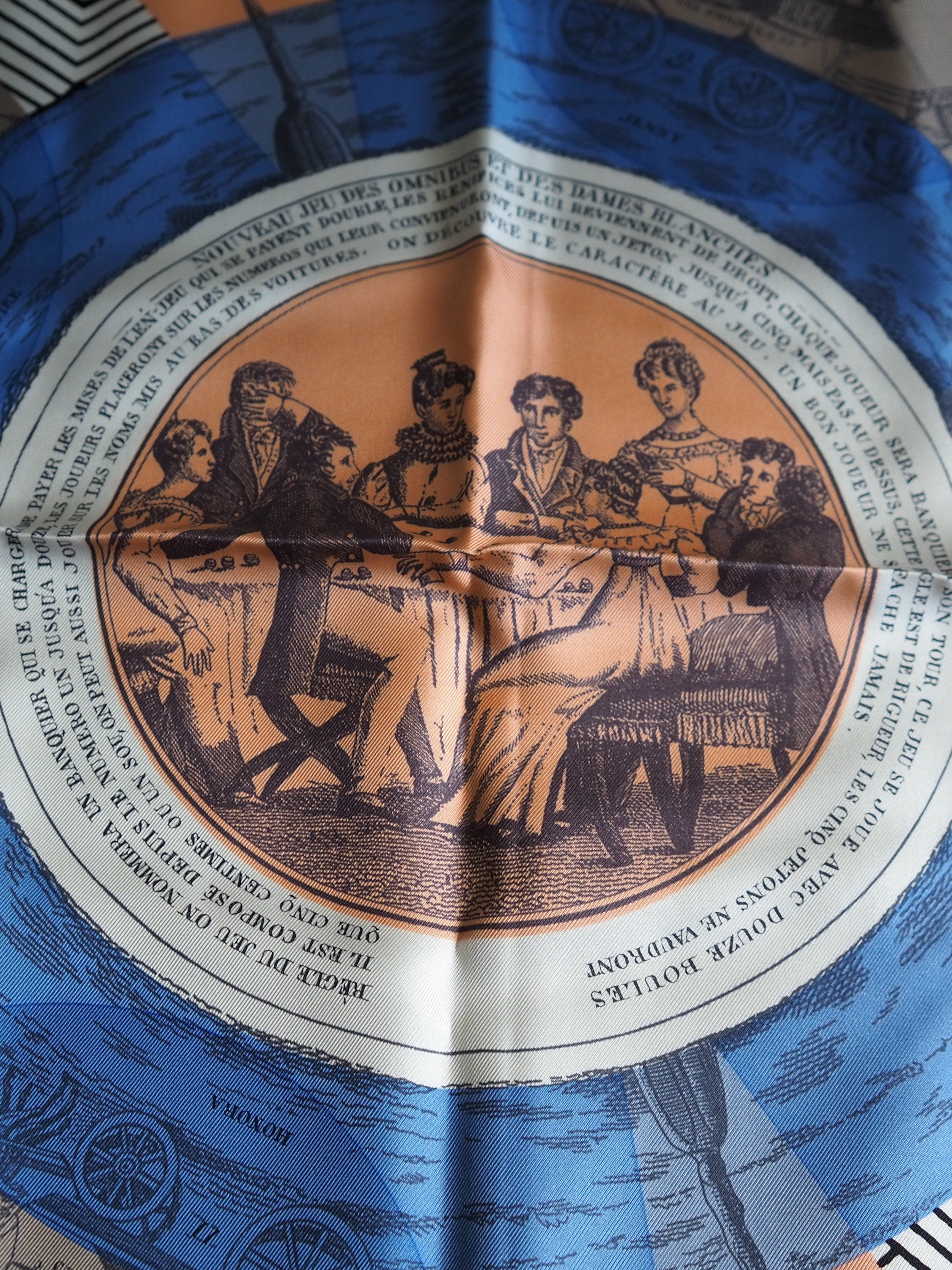 HERMES Scarf Carre 90 " jeu des omnibus et dames blanches " Blue Pink Silk Authentic