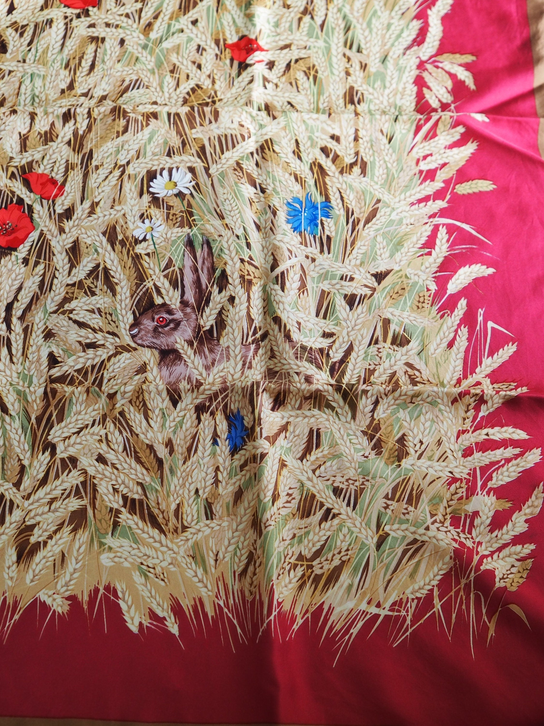 HERMES Scarf Carre 90 " Lapins Dans un Champ de " Bordeaux Silk Rabbit Vintage Authentic