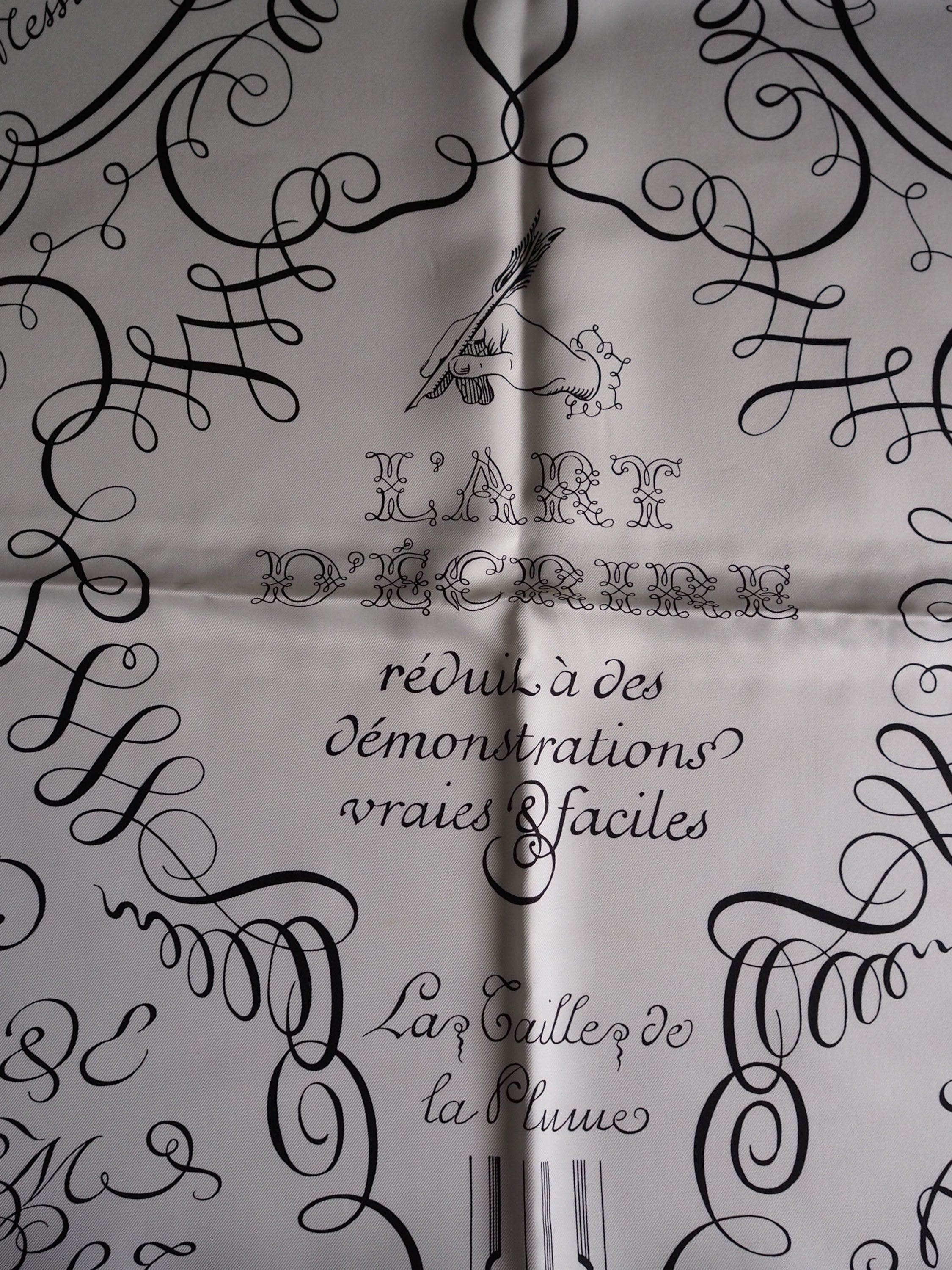 HERMES Scarf Carre 90 " L’art d’Ecrire " Silk Black White Vintage Authentic