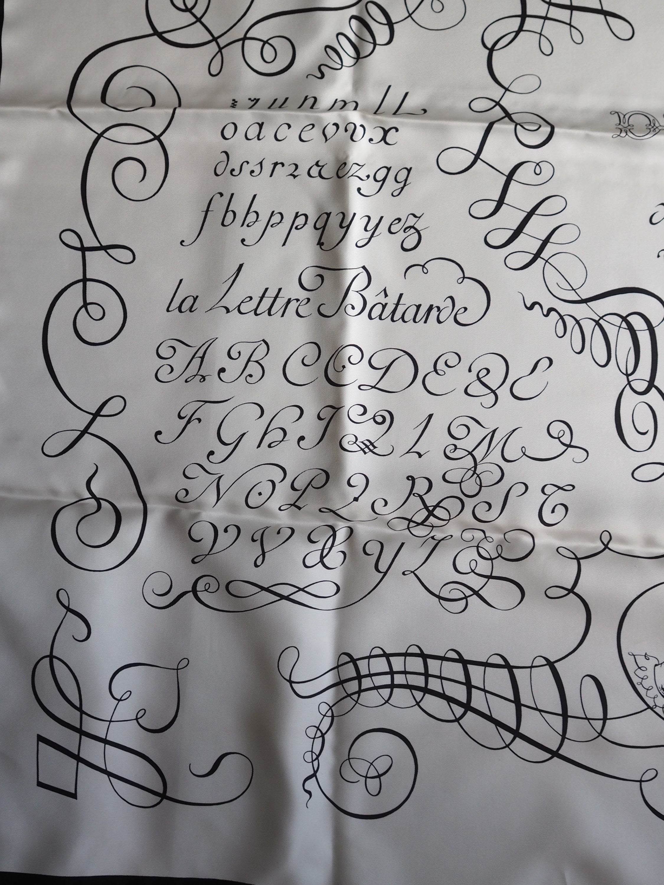 HERMES Scarf Carre 90 " L’art d’Ecrire " Silk Black White Vintage Authentic