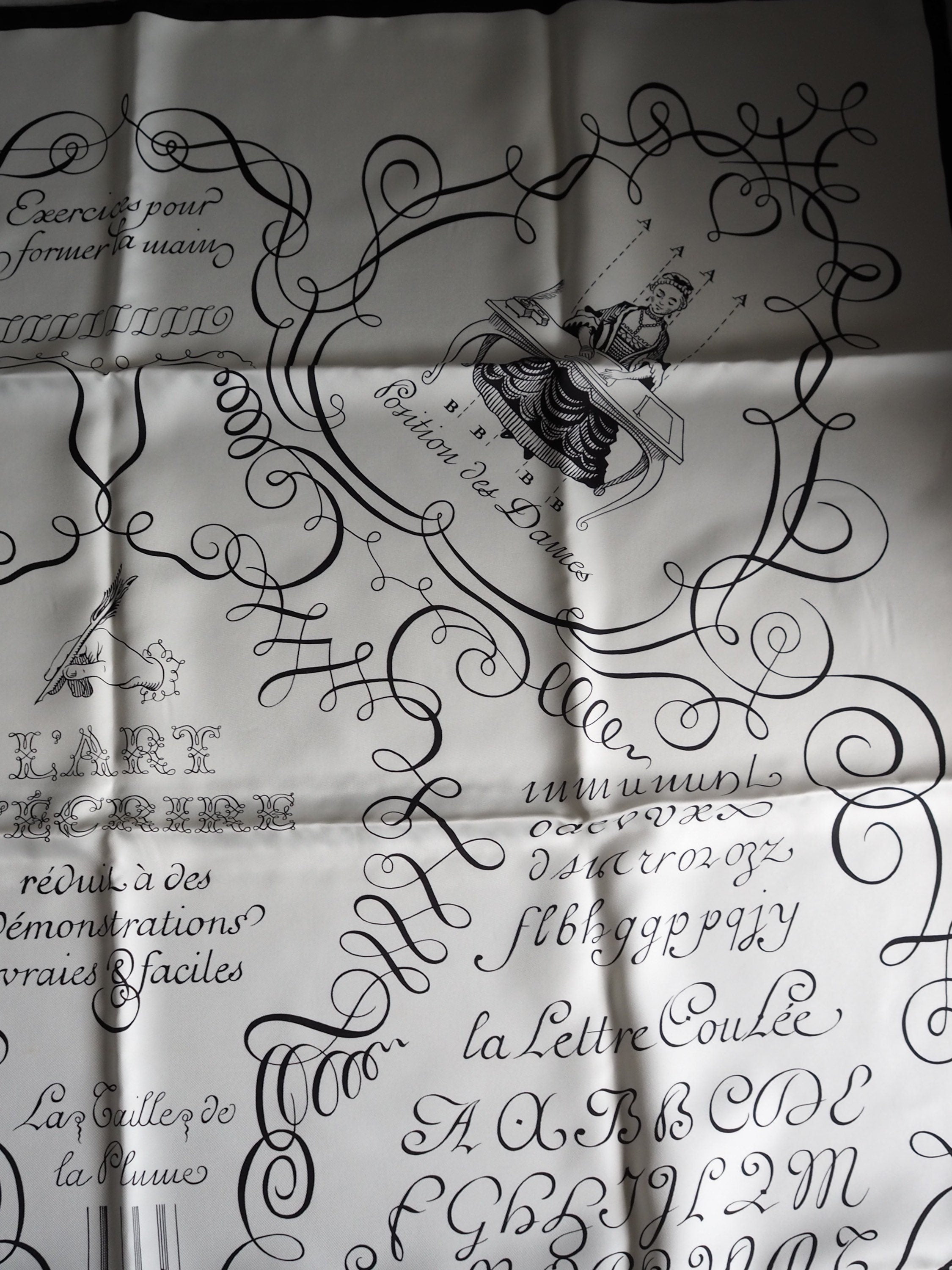HERMES Scarf Carre 90 " L’art d’Ecrire " Silk Black White Vintage Authentic