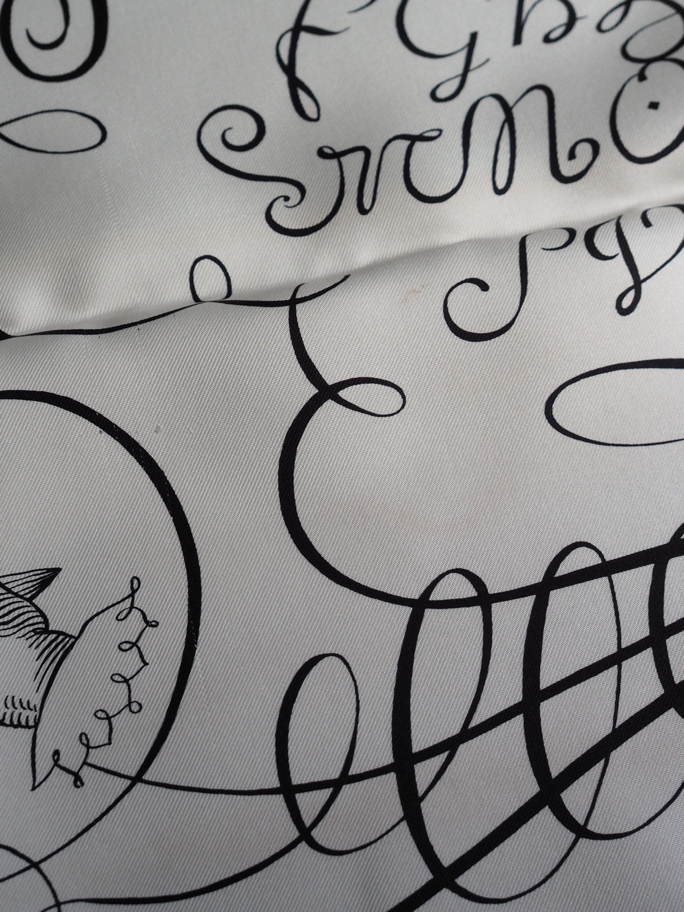 HERMES Scarf Carre 90 " L’art d’Ecrire " Silk Black White Vintage Authentic