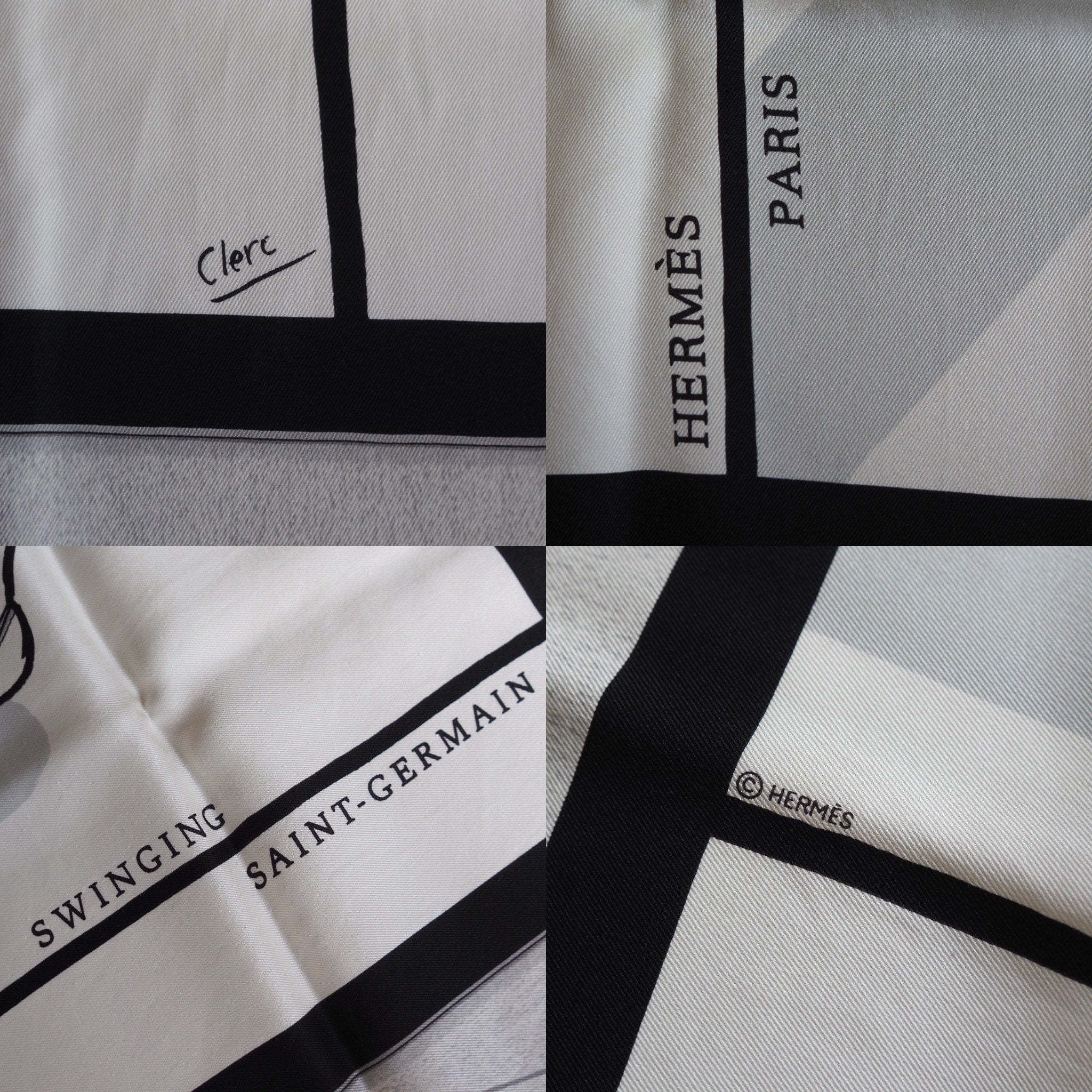 HERMES Scarf Carre 70 " Swinging Saint-Germain " Silk Black White Vintage Authentic