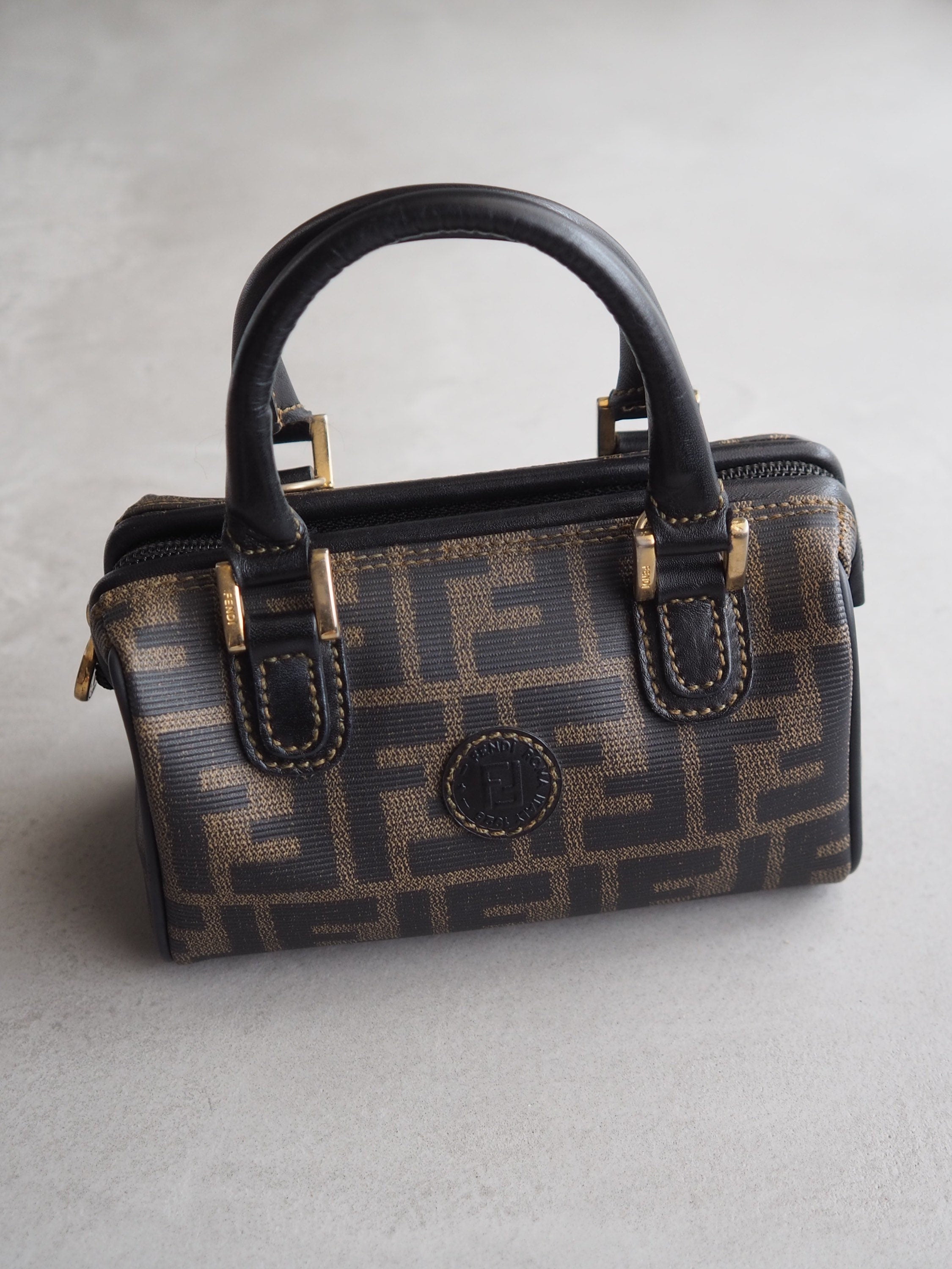 FENDI Zucca Mini Hand Boston Bag Black Brown PVC Leather Vintage Auth