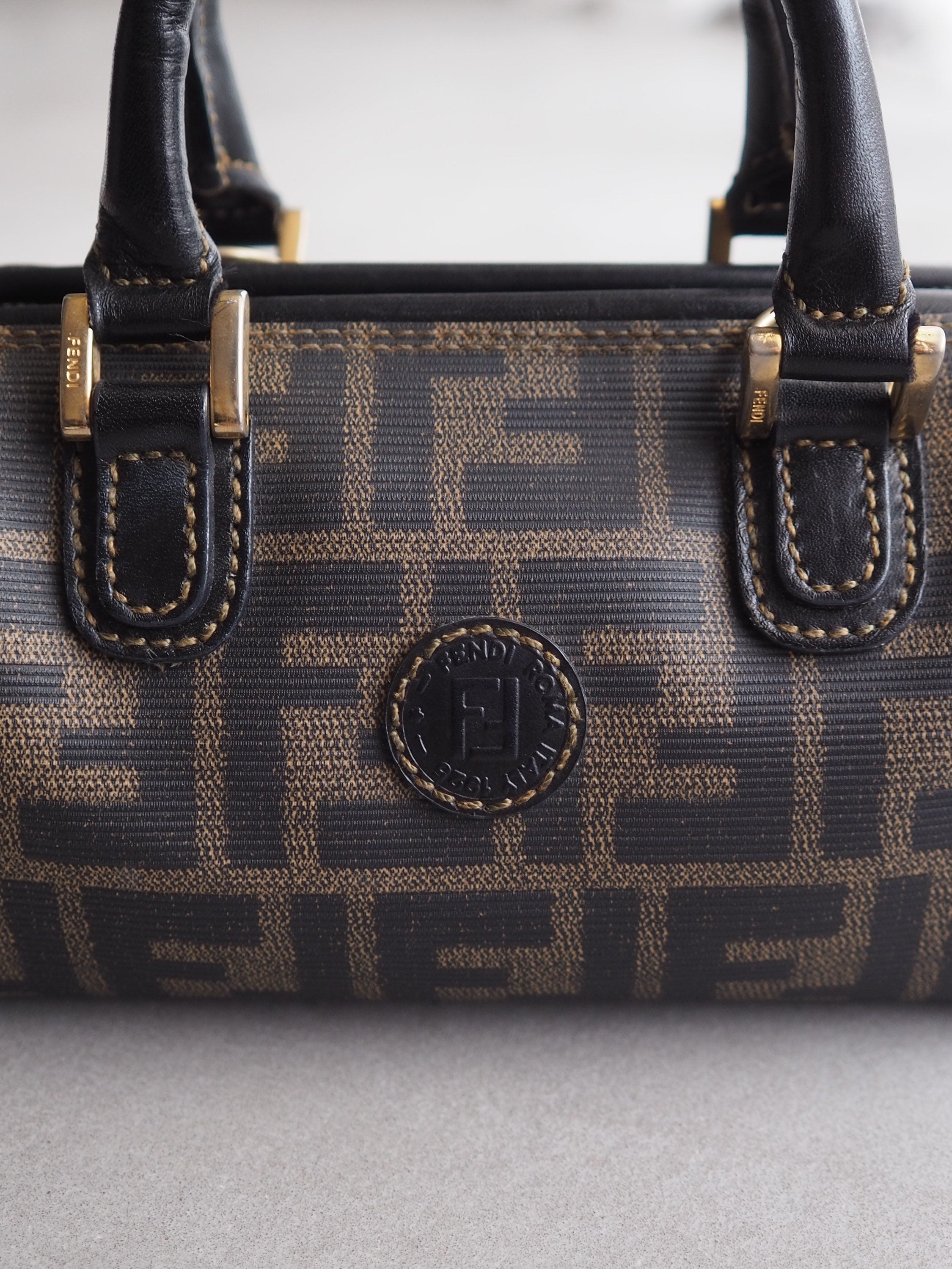 FENDI Zucca Mini Hand Boston Bag Black Brown PVC Leather Vintage Auth