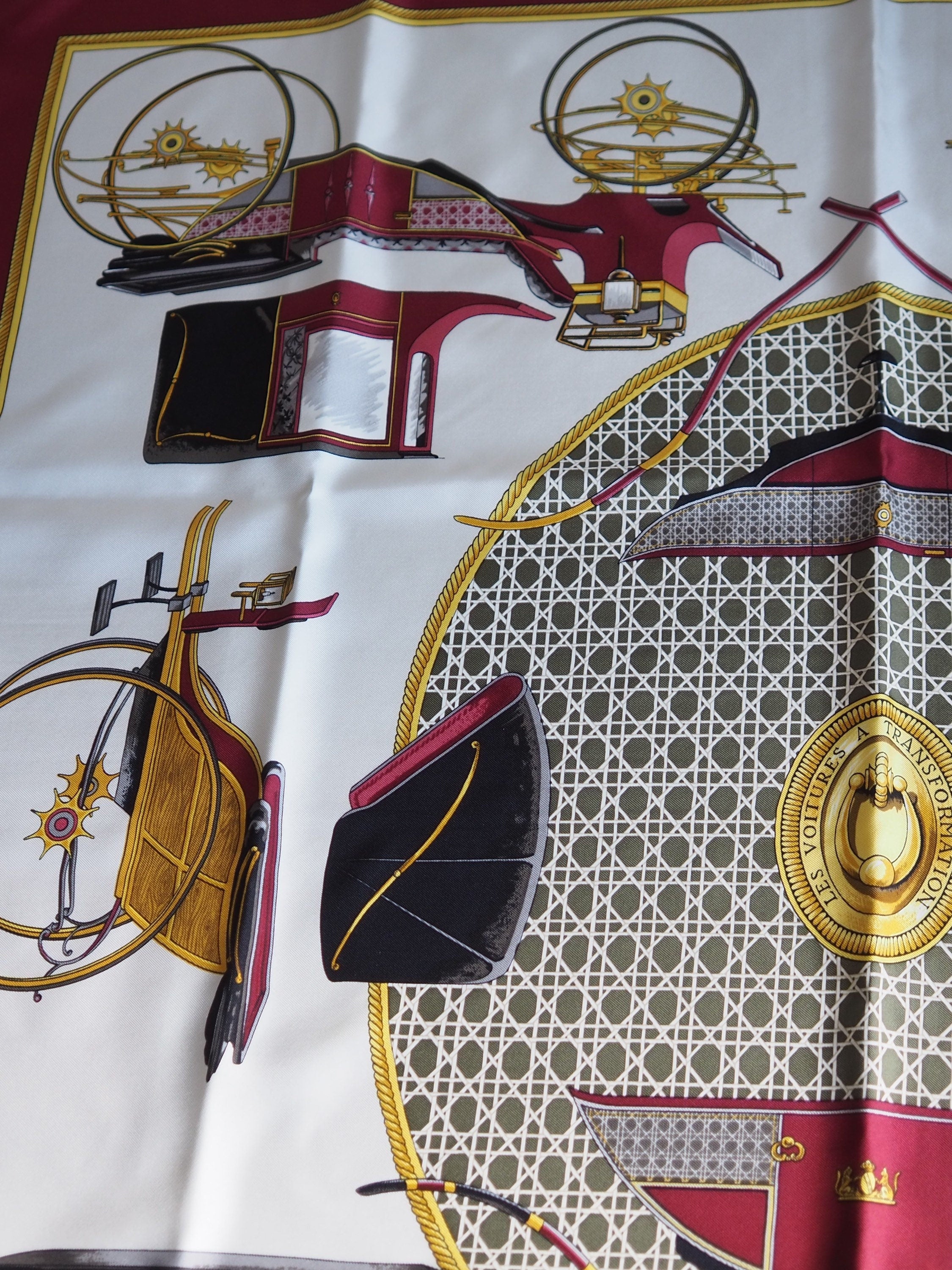 HERMES Scarf Carre 90 " Les Voitures a Transformation " Bordeaux Authentic