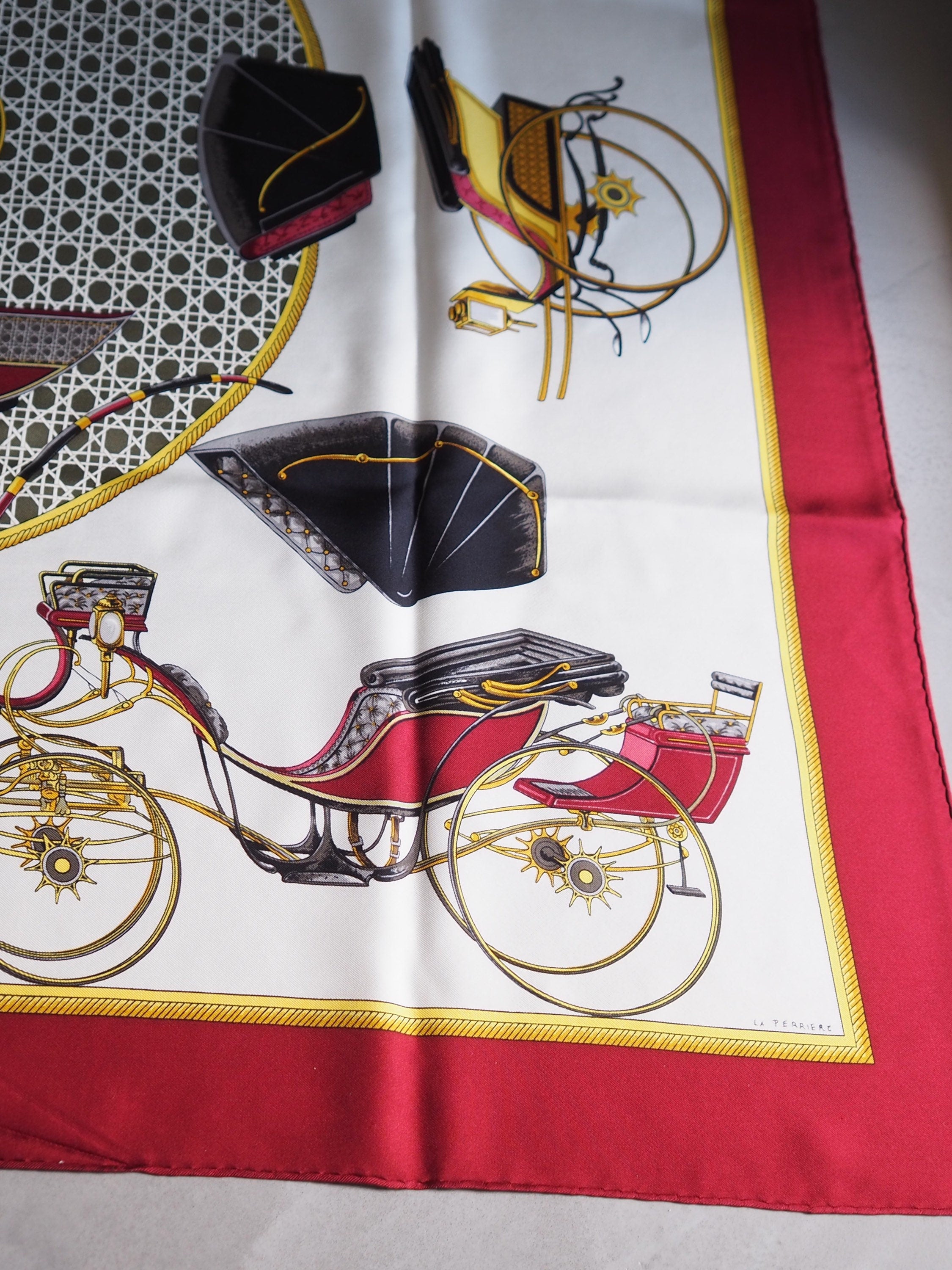 HERMES Scarf Carre 90 " Les Voitures a Transformation " Bordeaux Authentic