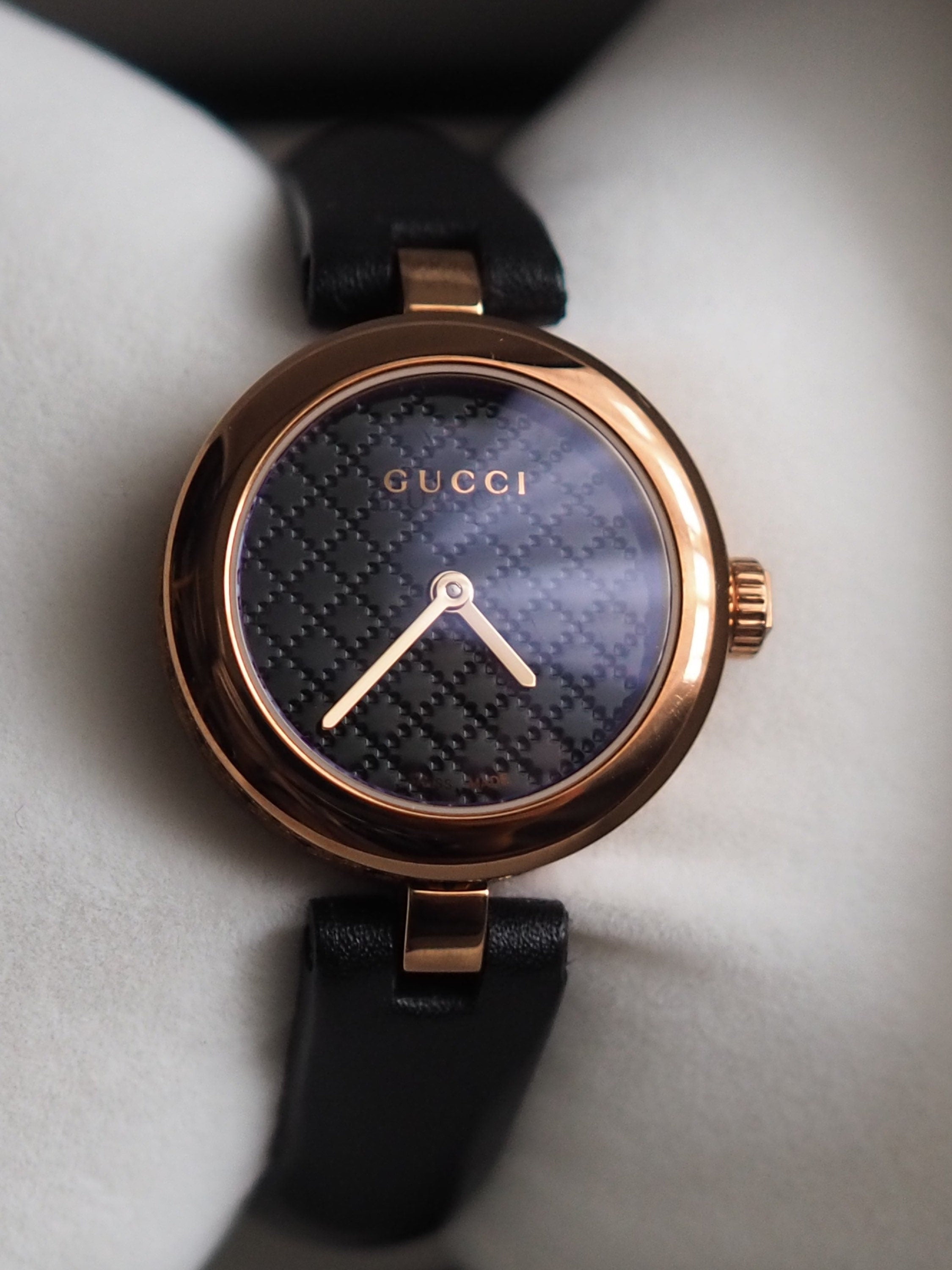 GUCCI Diamantissima Watch Wristwatch Gold Black Leather