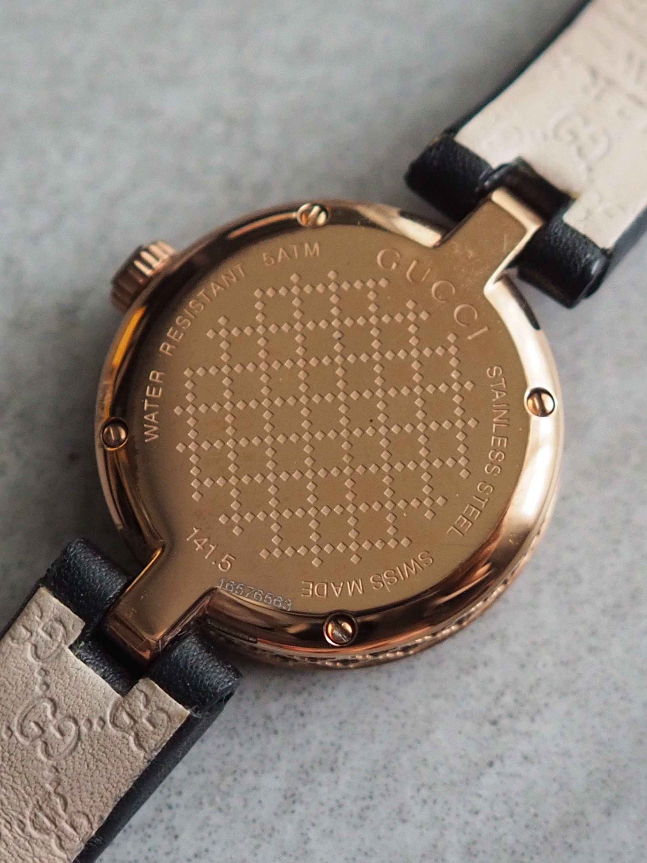 GUCCI Diamantissima Watch Wristwatch Gold Black Leather