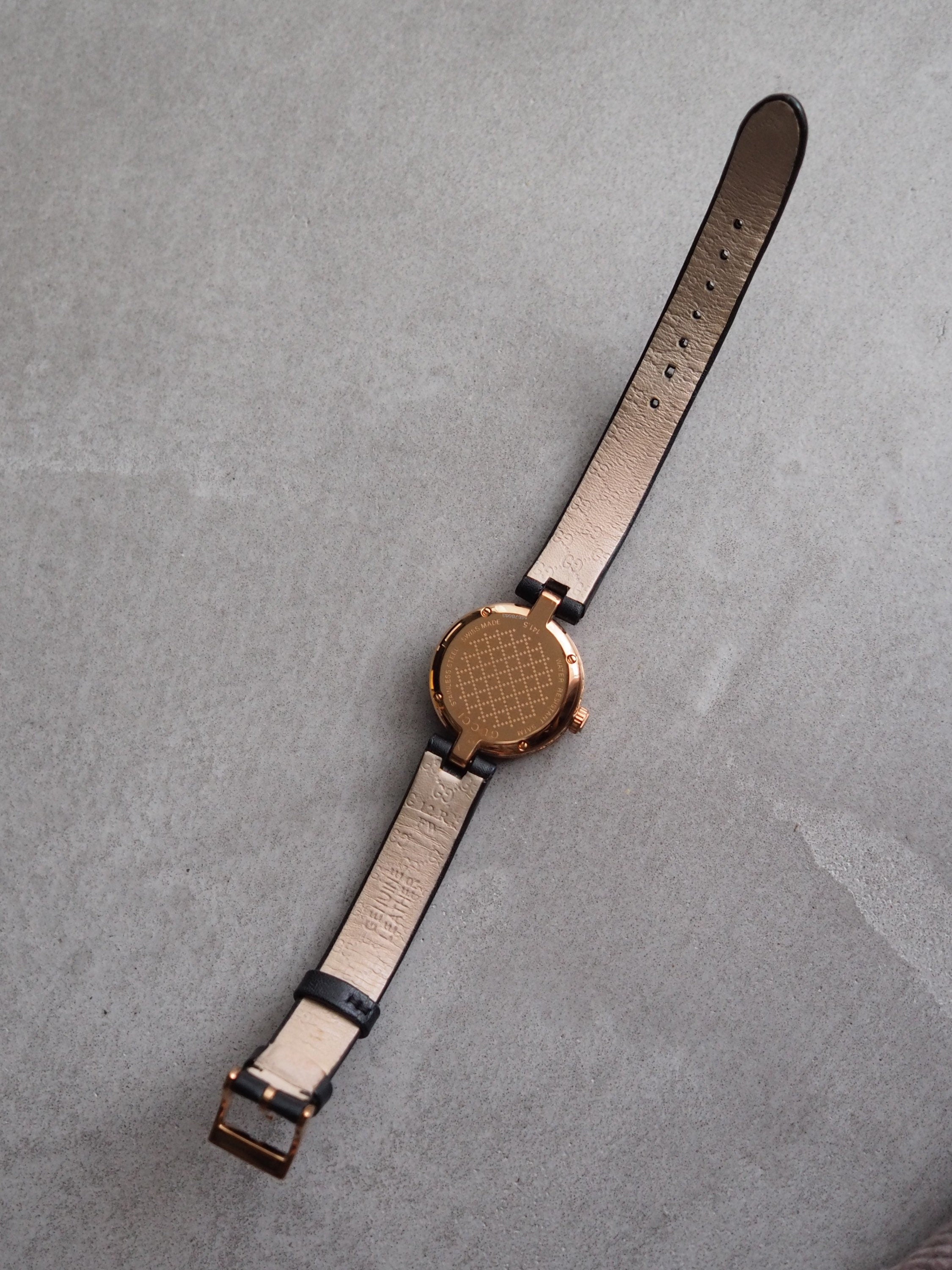 GUCCI Diamantissima Watch Wristwatch Gold Black Leather
