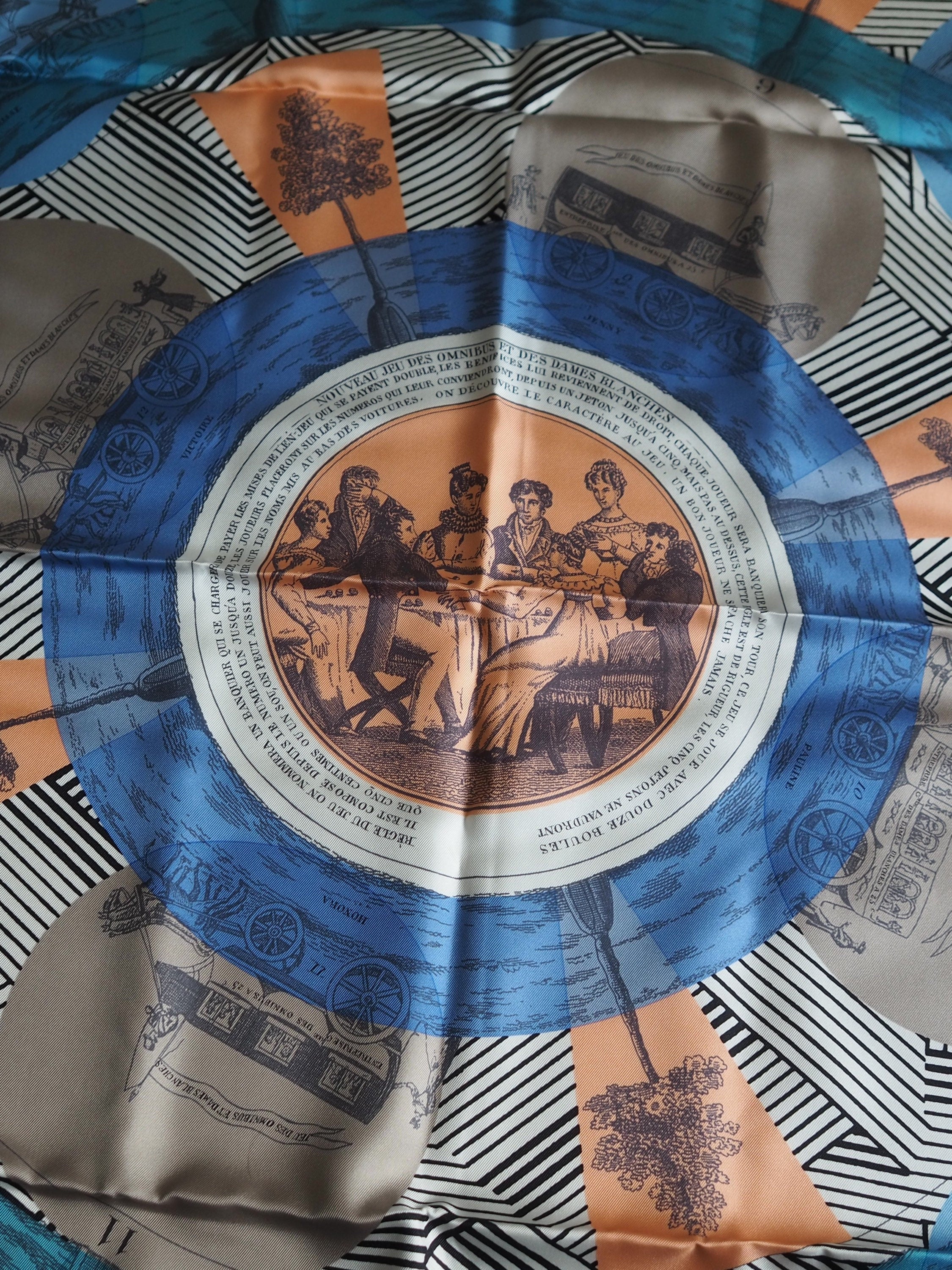 HERMES Scarf Carre 90 " jeu des omnibus et dames blanches " Blue Pink Silk Authentic