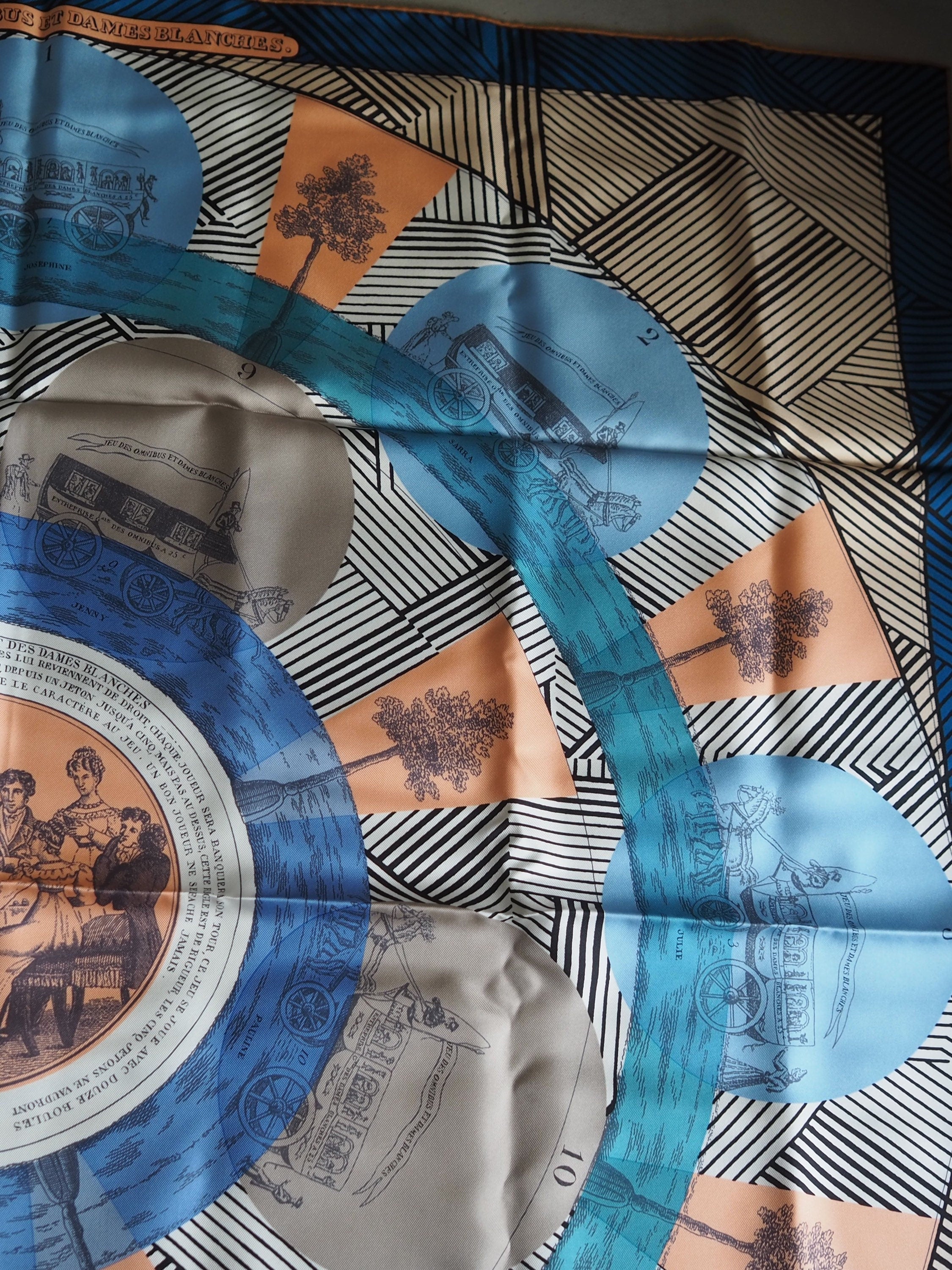 HERMES Scarf Carre 90 " jeu des omnibus et dames blanches " Blue Pink Silk Authentic