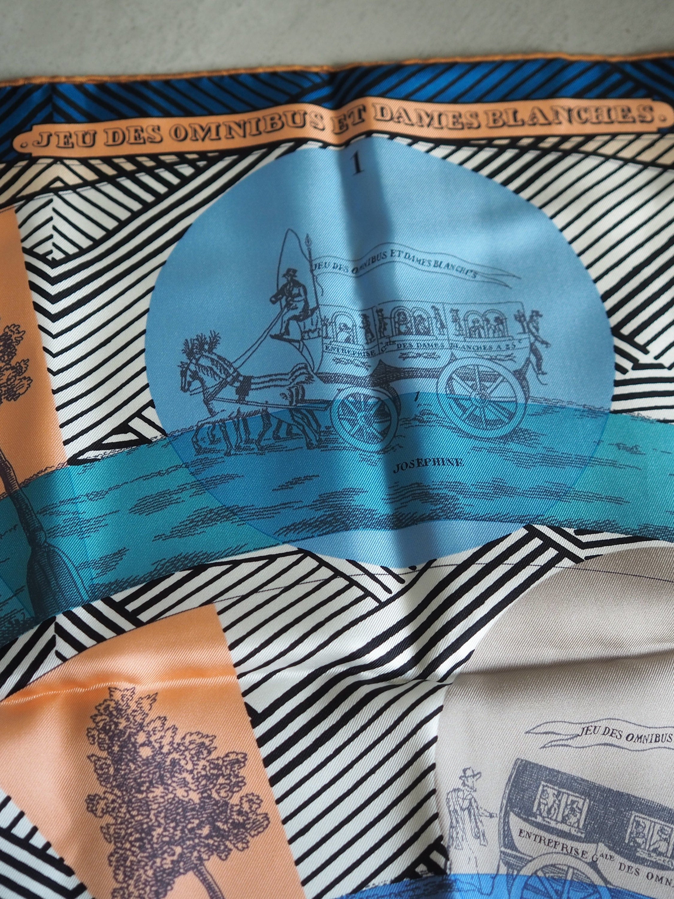 HERMES Scarf Carre 90 " jeu des omnibus et dames blanches " Blue Pink Silk Authentic
