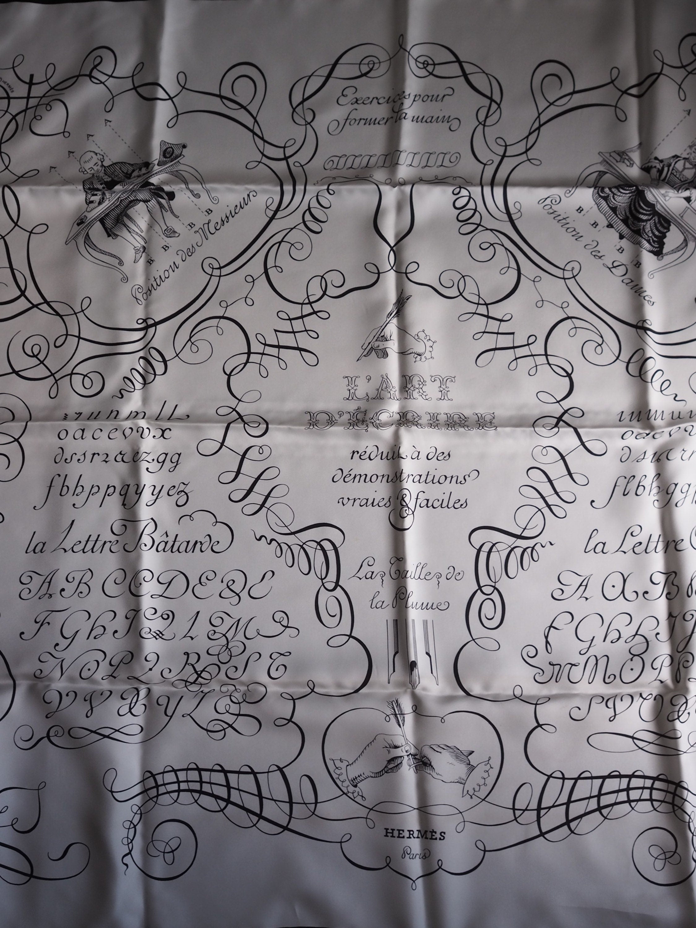 HERMES Scarf Carre 90 " L’art d’Ecrire " Silk Black White Vintage Authentic