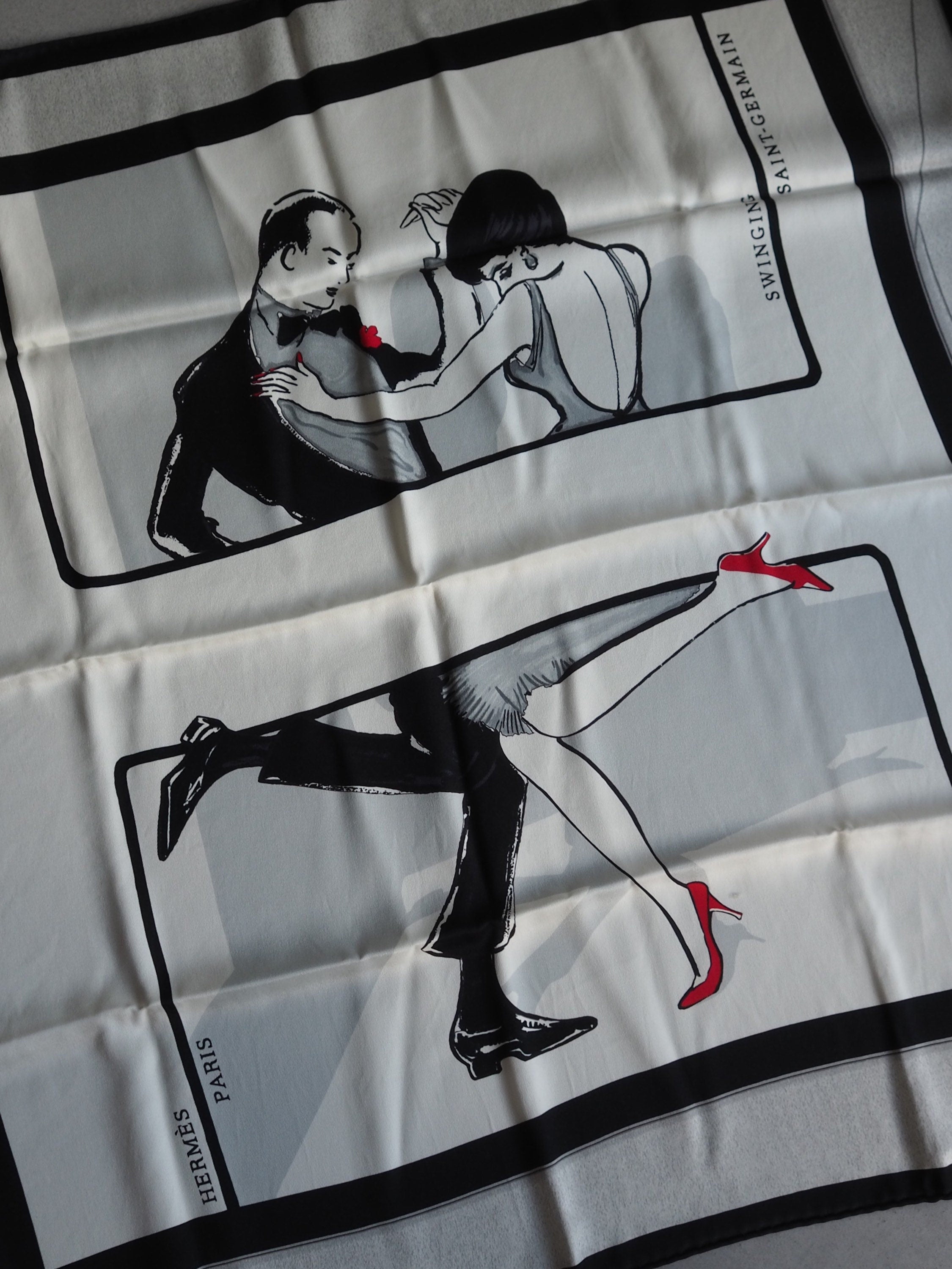 HERMES Scarf Carre 70 " Swinging Saint-Germain " Silk Black White Vintage Authentic