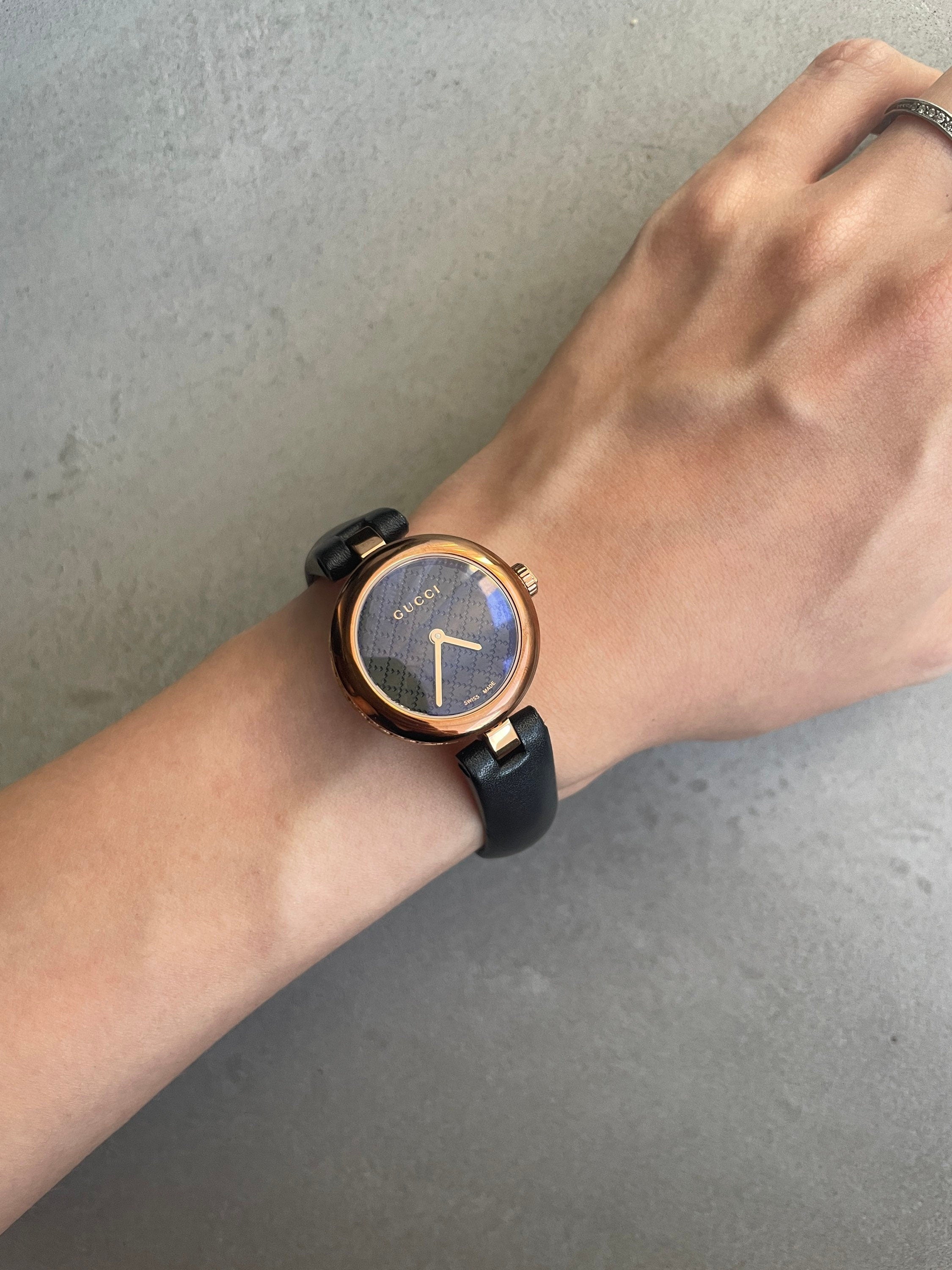 GUCCI Diamantissima Watch Wristwatch Gold Black Leather