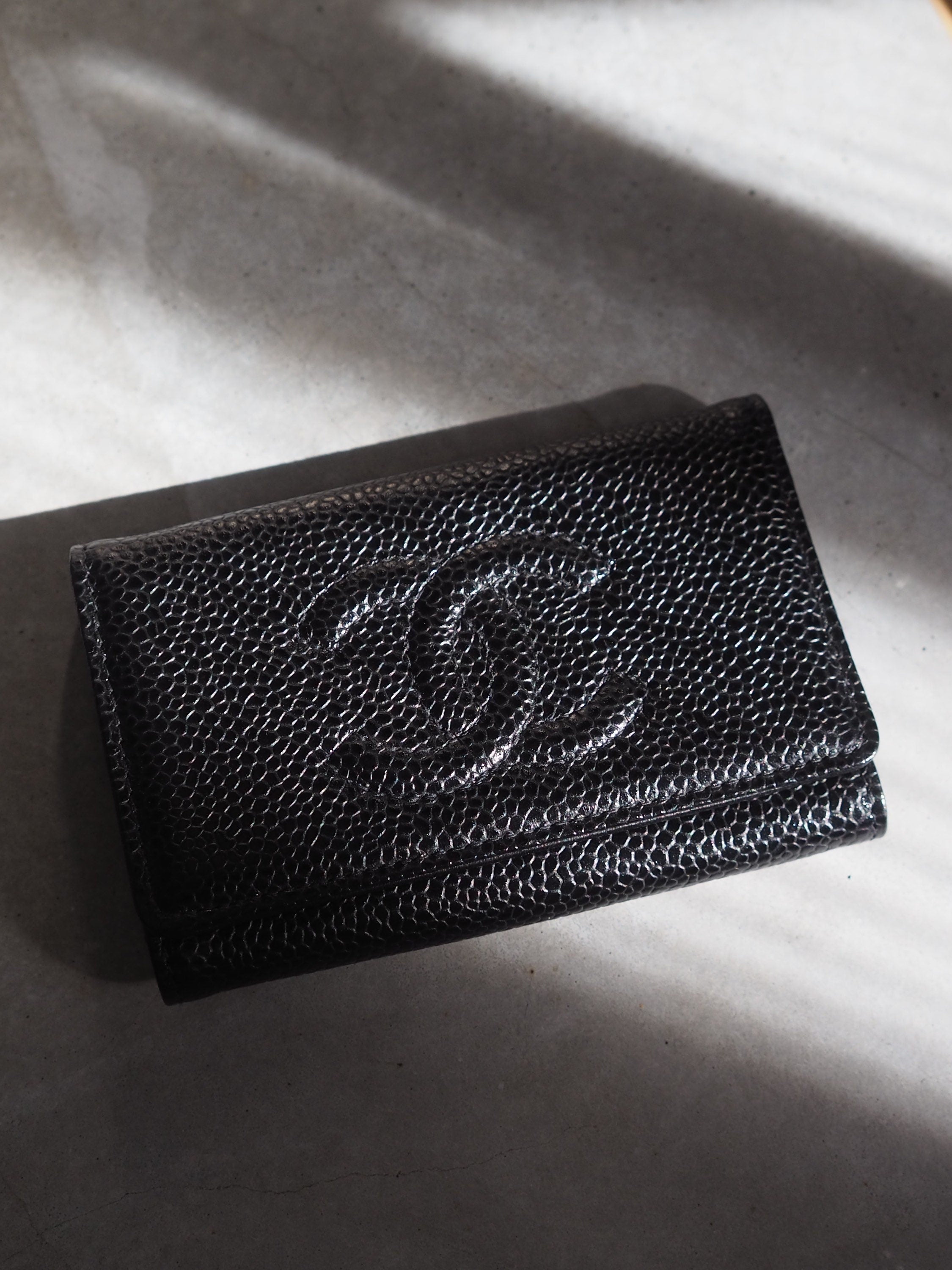 CHANEL COCO Mark Key Case Chain Caviar Skin Leather Black Authentic Vintage Box