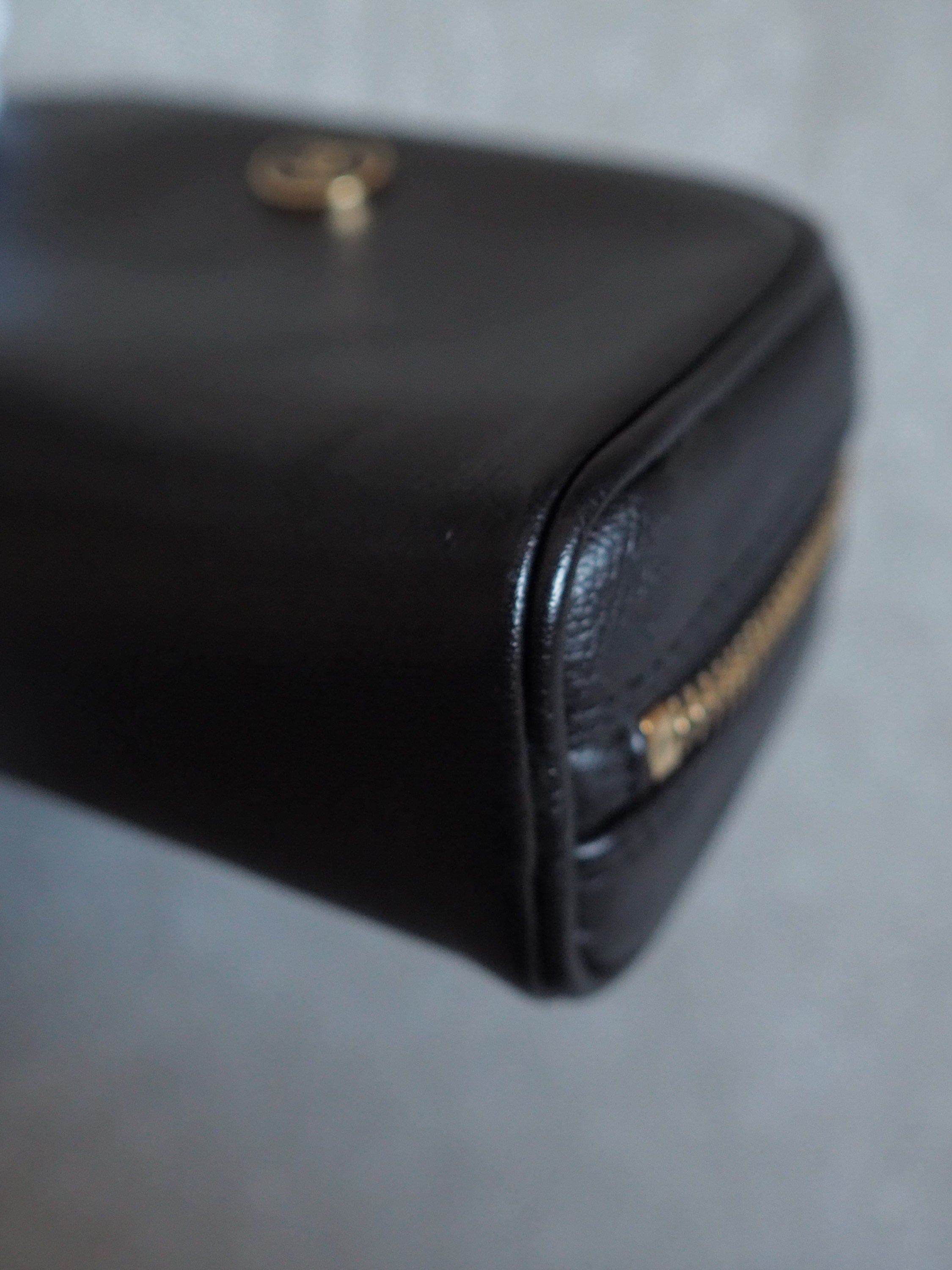 CHANEL COCO Button Pouch Purse Leather Black Authentic Vintage Box