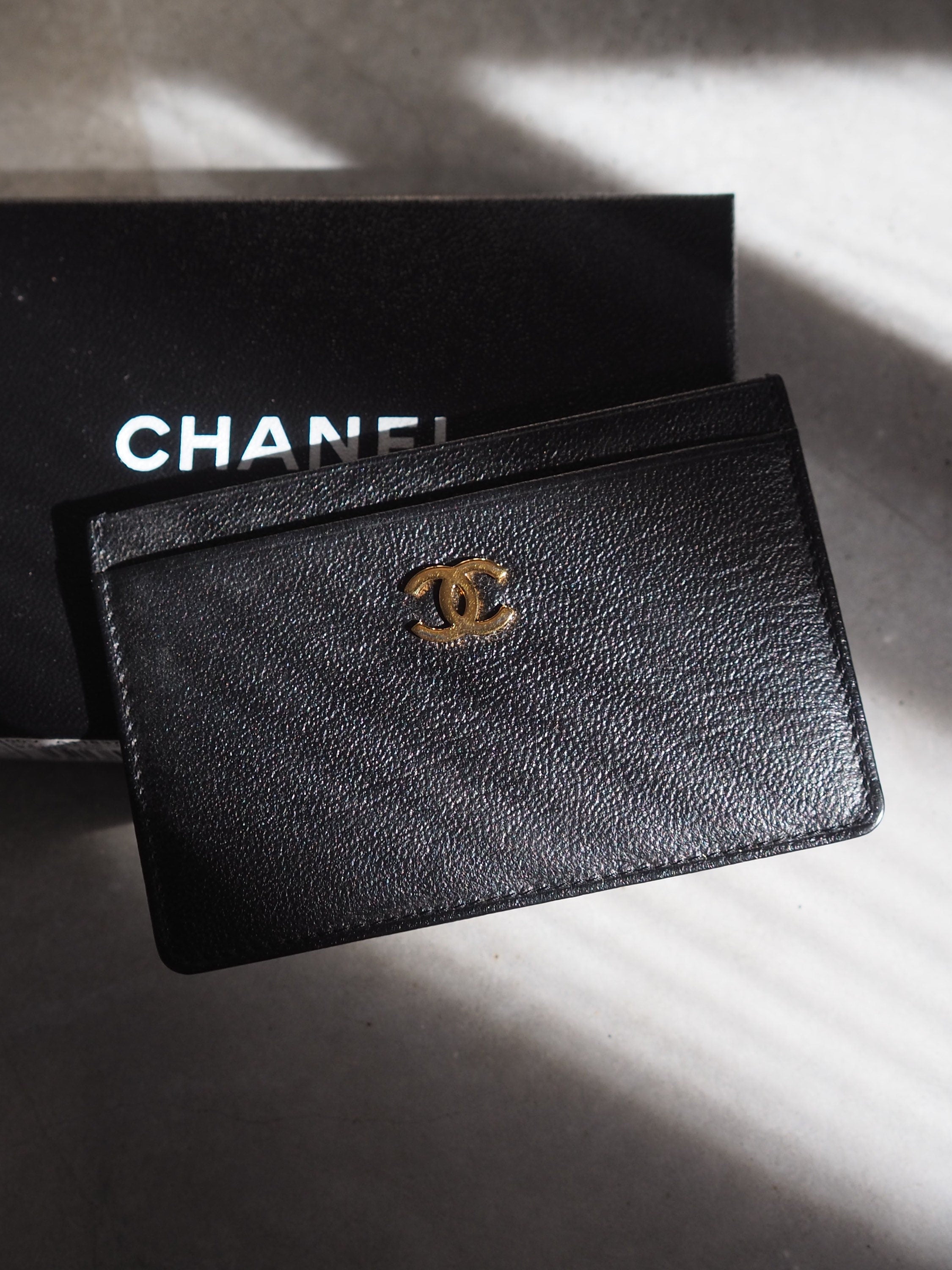 CHANEL COCO Card ID Case Purse Leather Black Authentic Vintage Box