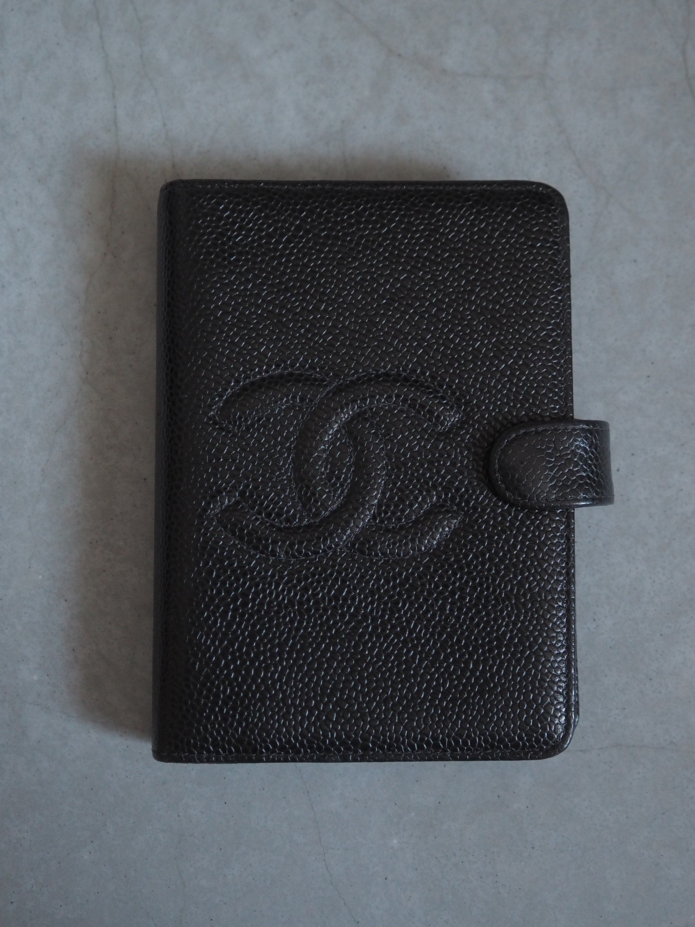 CHANEL COCO Mark Agenda Caviar Skin Leather 6 Ring Diary Black Vintage Box