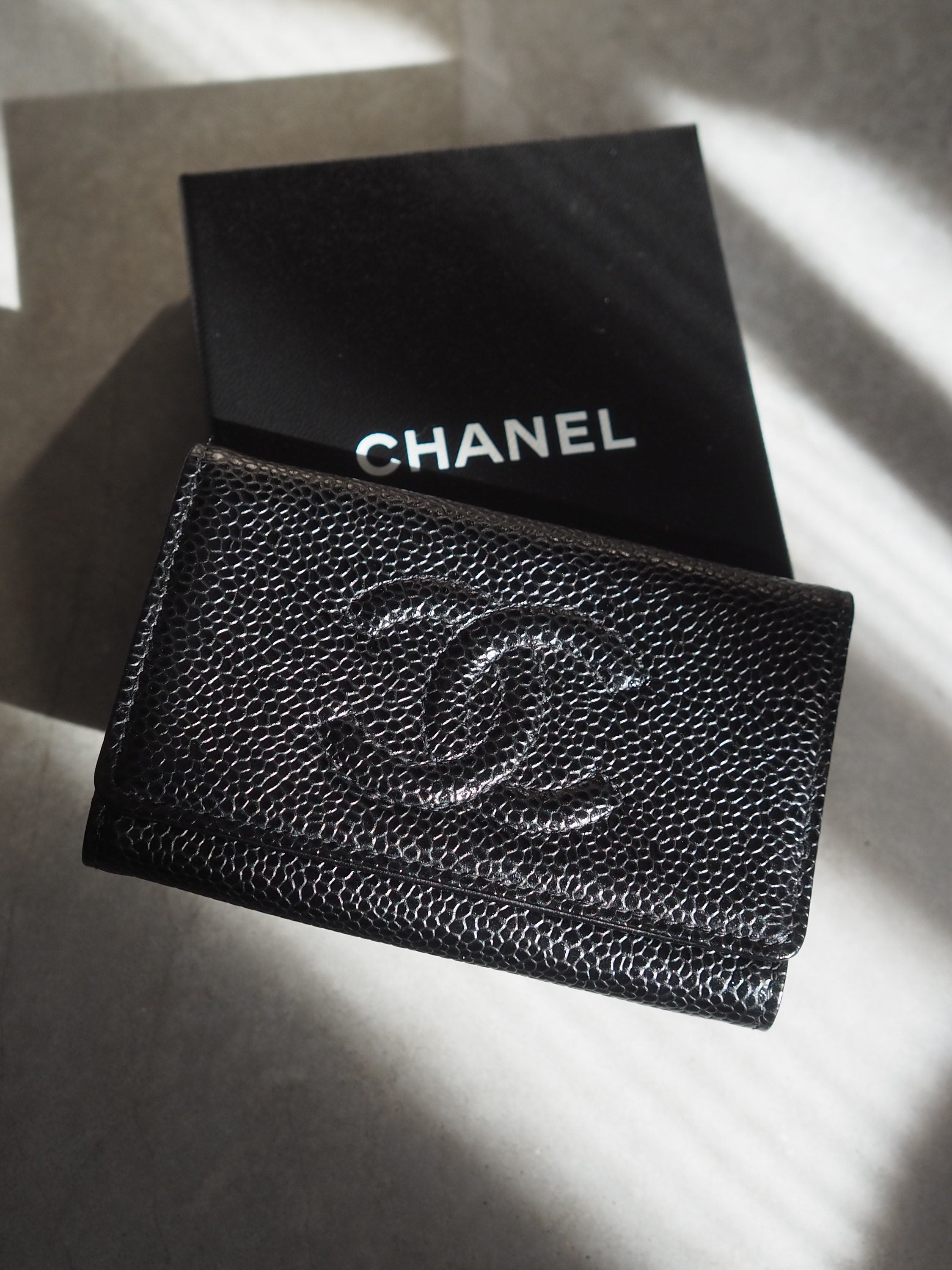 CHANEL COCO Mark Key Case Chain Caviar Skin Leather Black Authentic Vintage Box