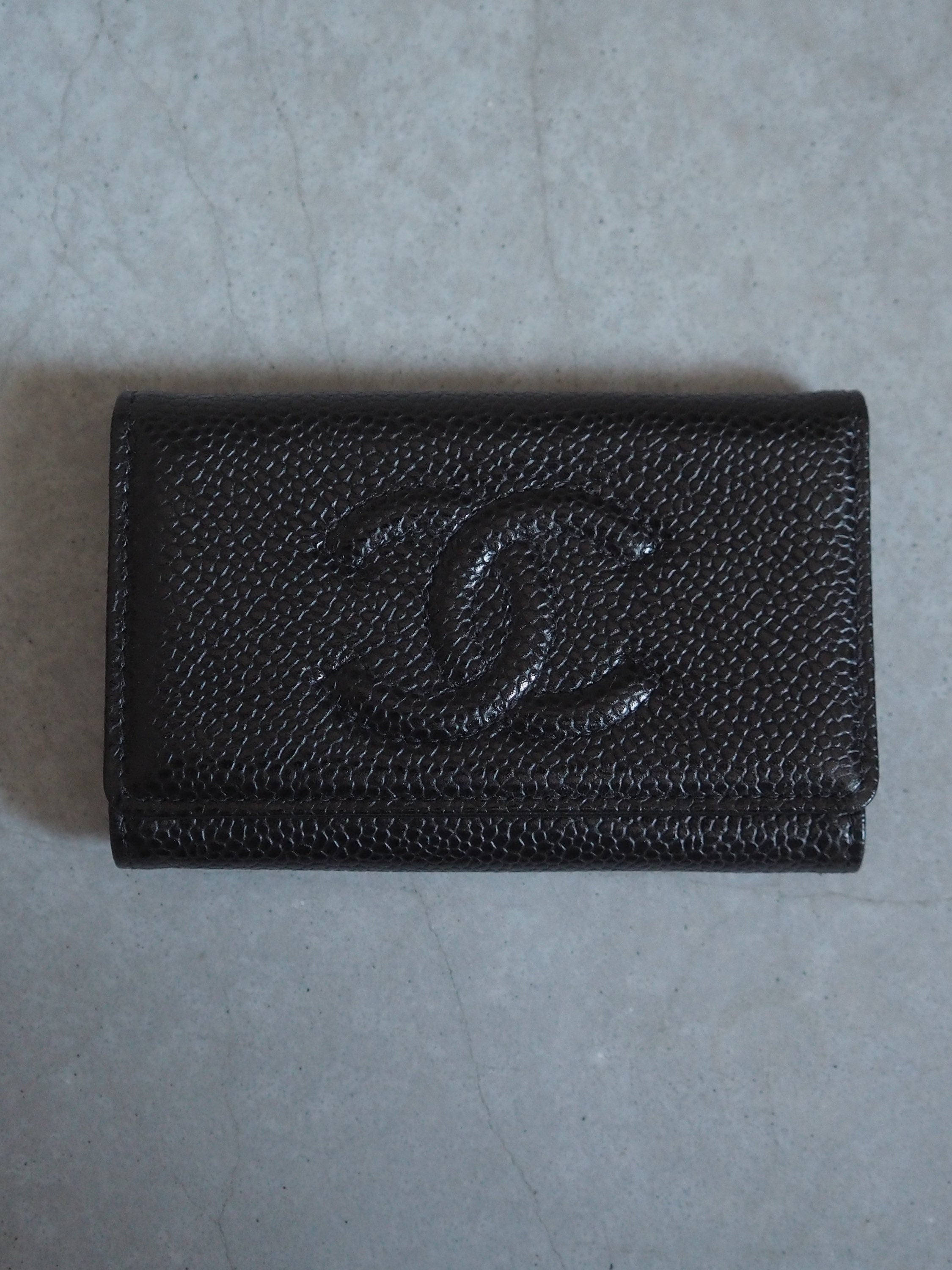 CHANEL COCO Mark Key Case Chain Caviar Skin Leather Black Authentic Vintage Box