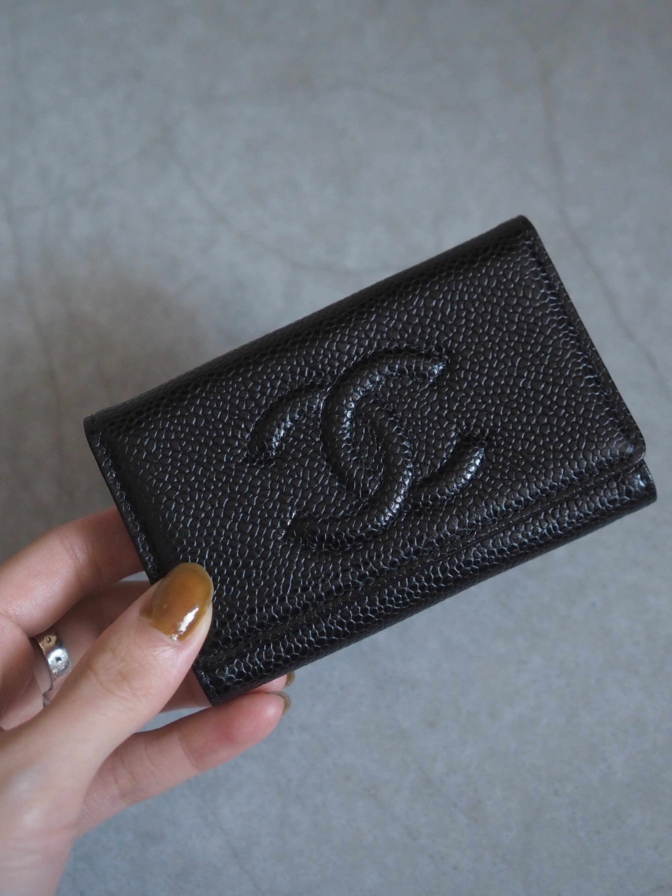 CHANEL COCO Mark Key Case Chain Caviar Skin Leather Black Authentic Vintage Box