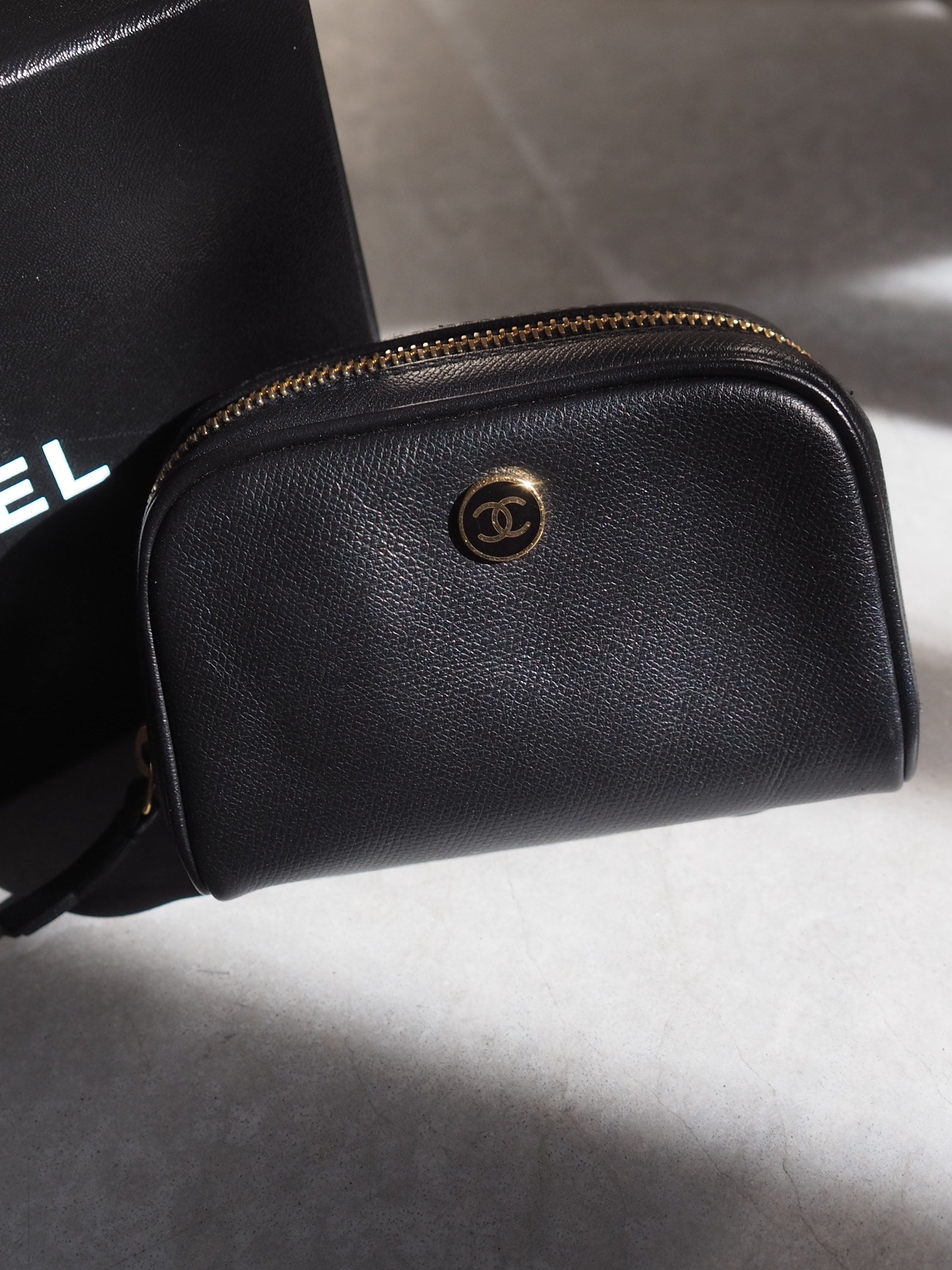 CHANEL COCO Button Pouch Purse Leather Black Authentic Vintage Box