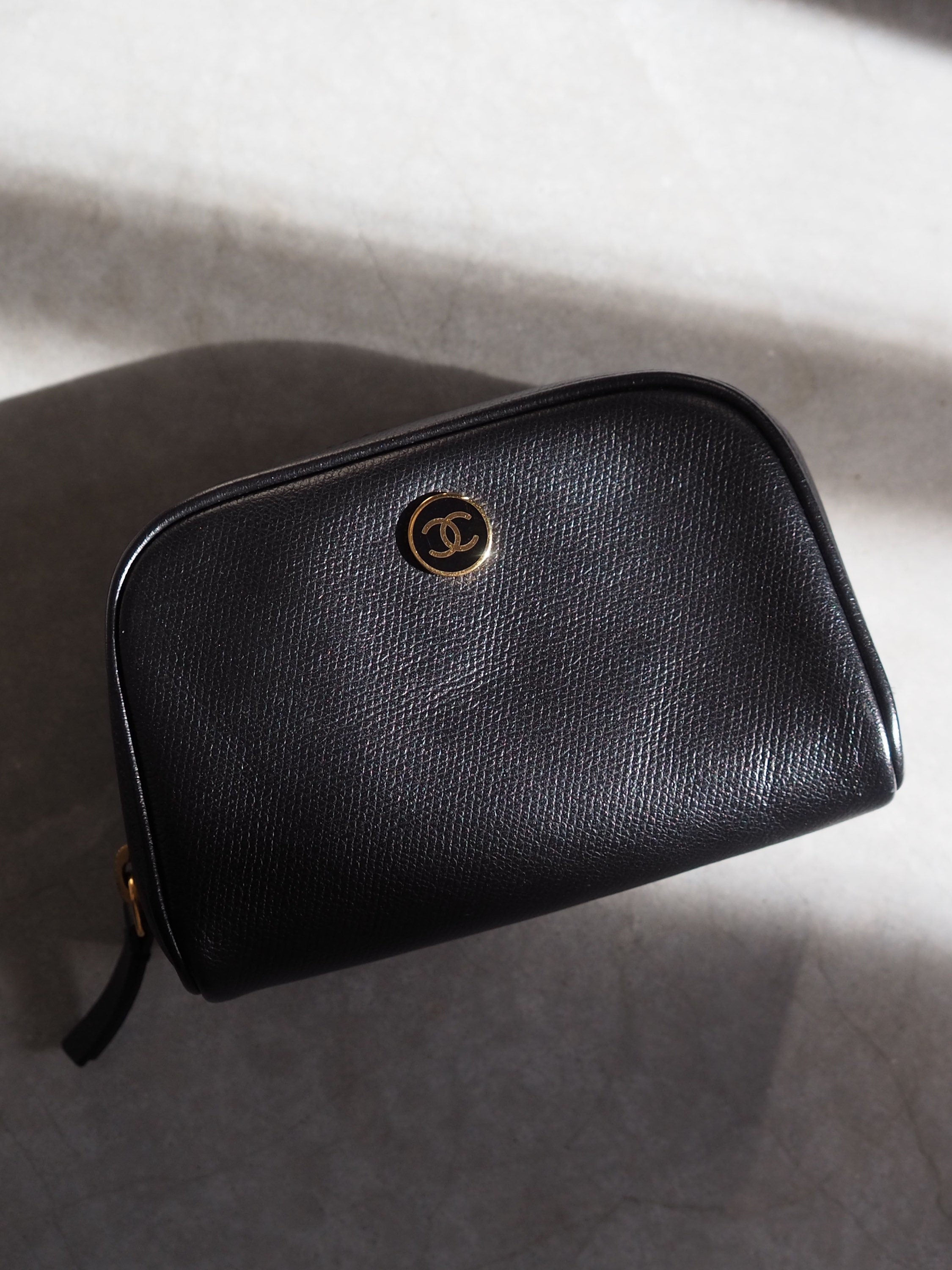 CHANEL COCO Button Pouch Purse Leather Black Authentic Vintage Box