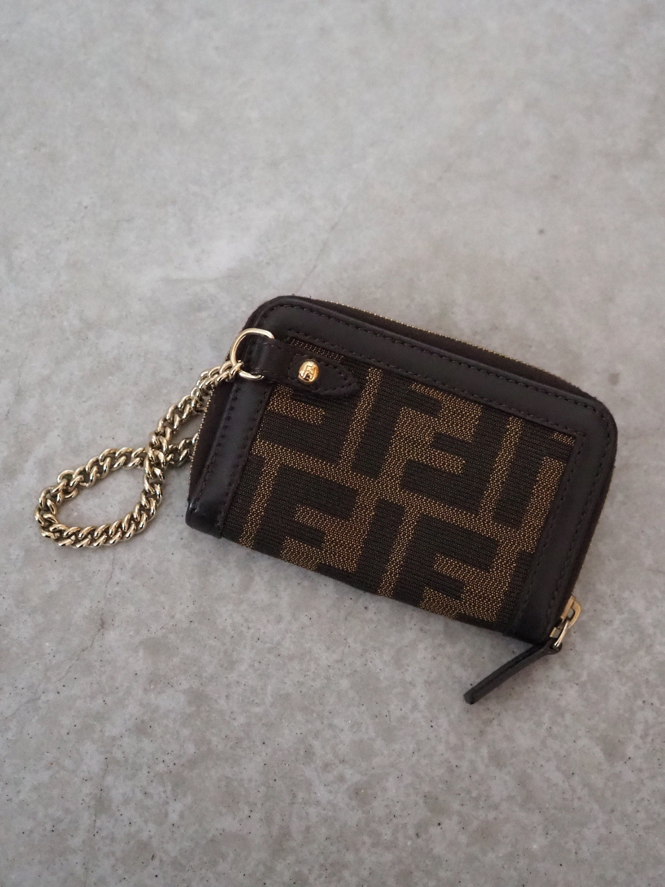 FENDI ZUCCA Coin Case Purse Chain Brown Unisex Vintage Authentic