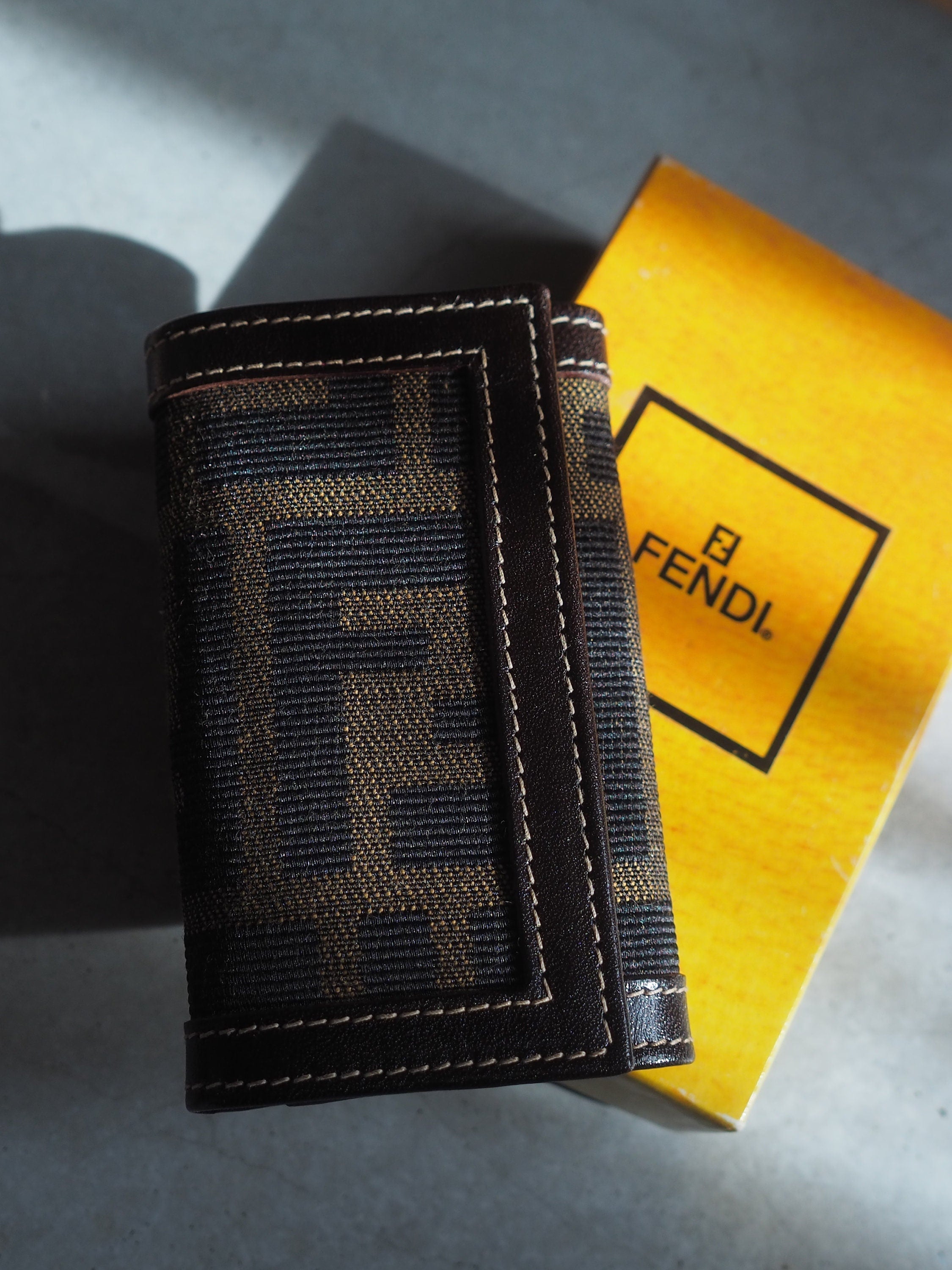 FENDI ZUCCA Key Case Purse Chain Brown Unisex Vintage Authentic