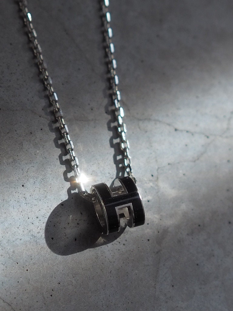 HERMES Mini Pop H Pendant Necklace Black Silver Box Vintage Authentic