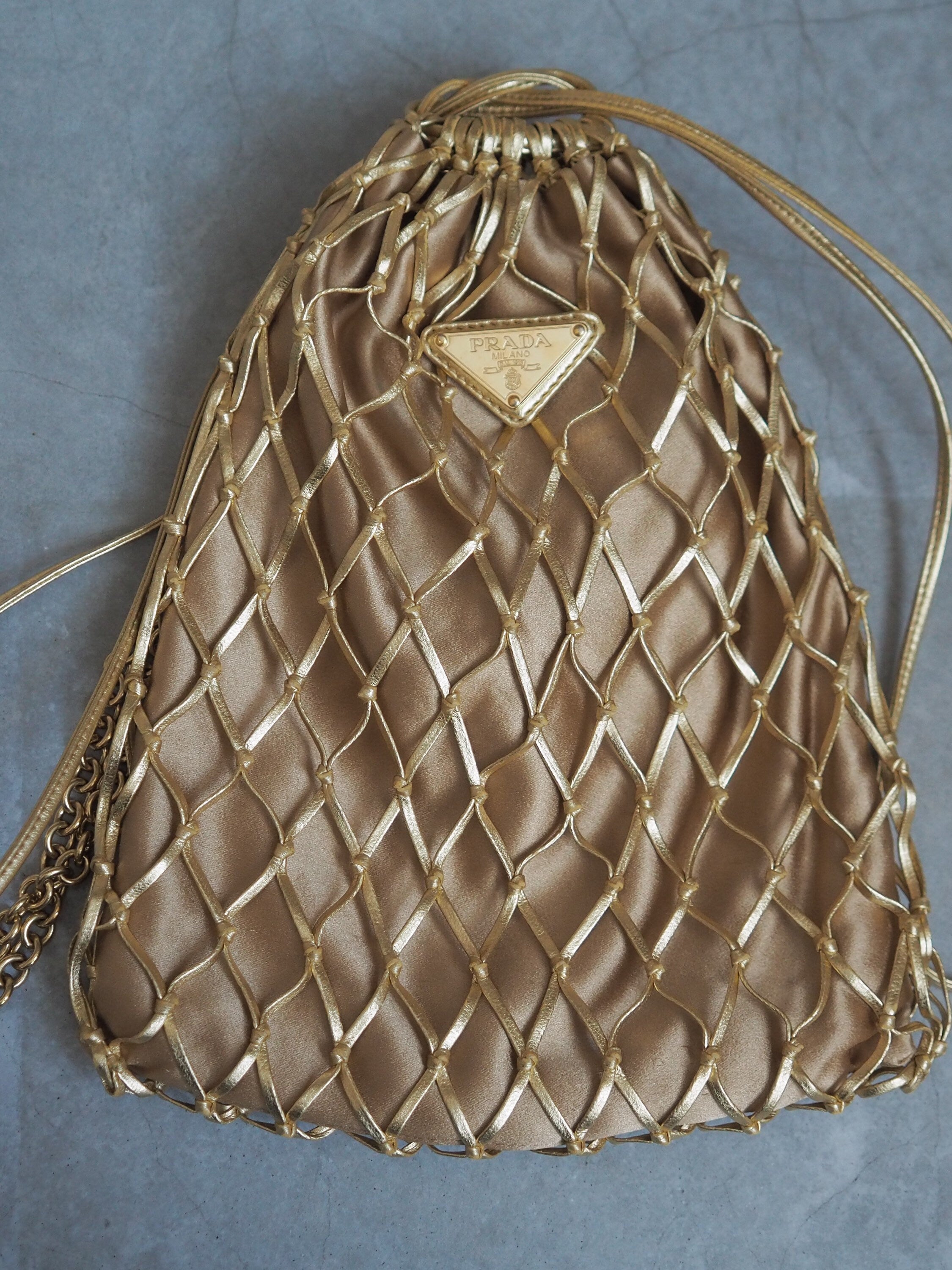 PRADA Metallic Mesh Satin Drawstring Chain Bag Gold Purse Vintage Authentic