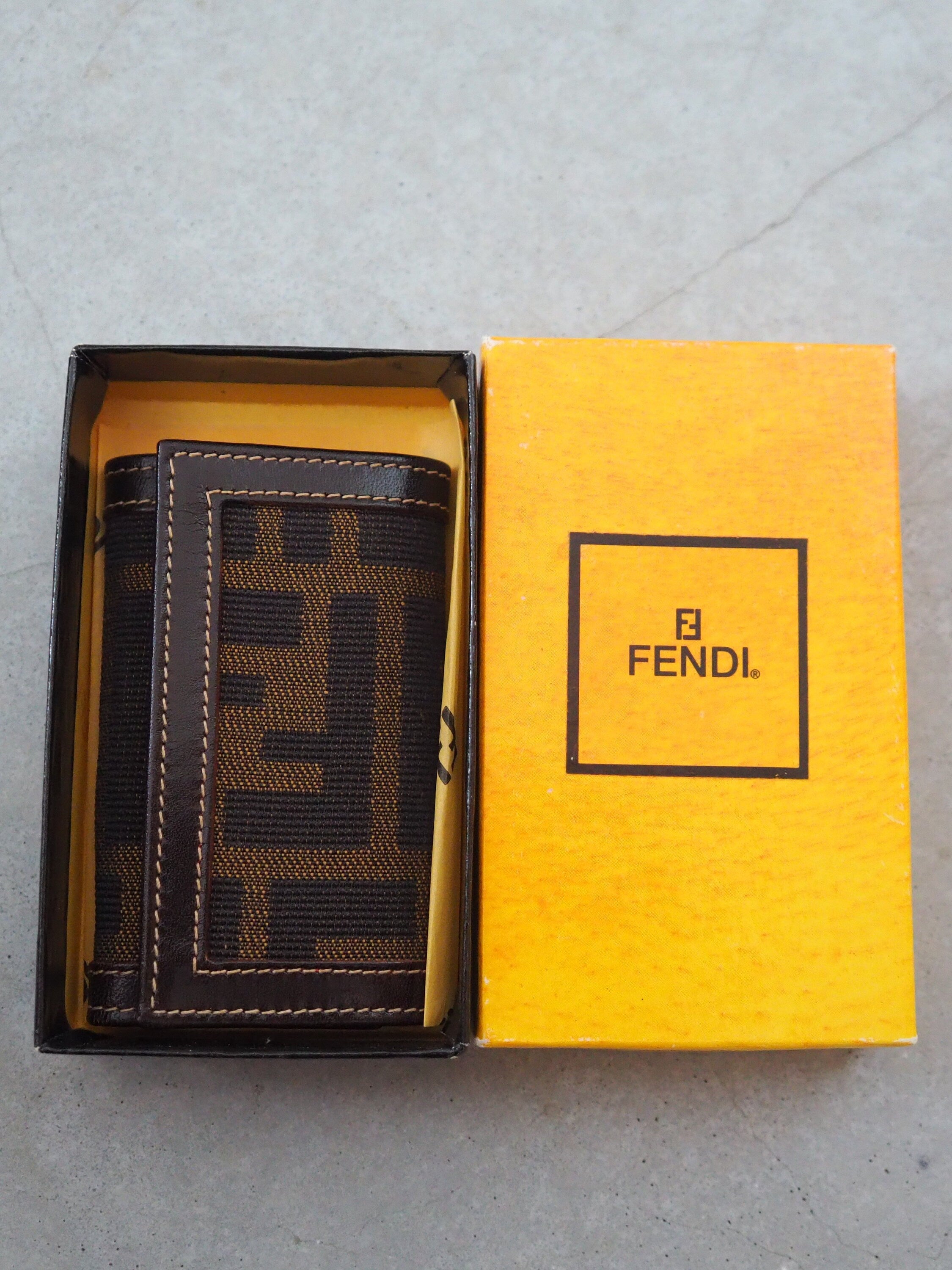 FENDI ZUCCA Key Case Purse Chain Brown Unisex Vintage Authentic