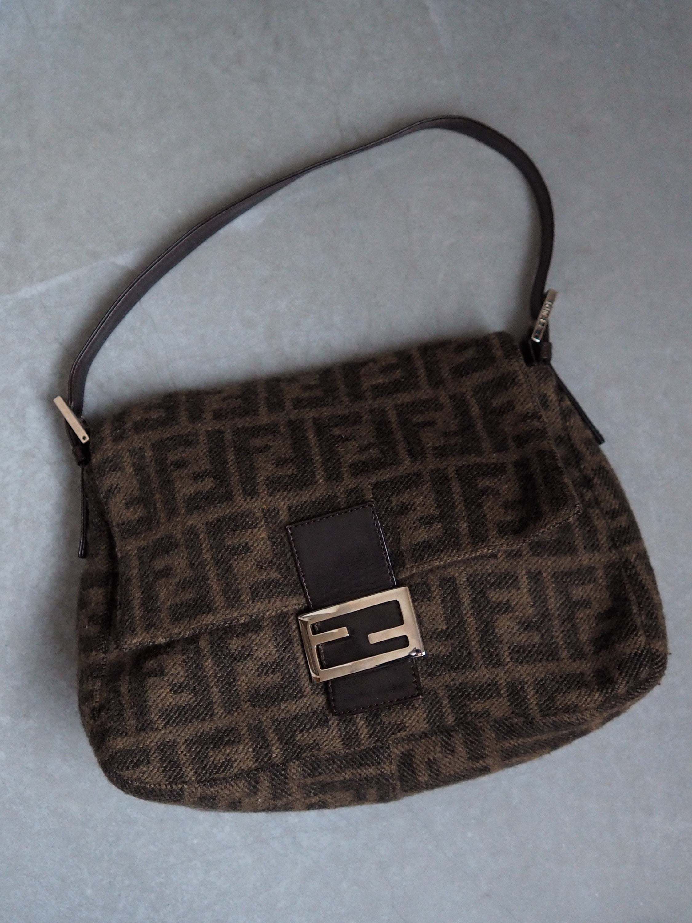 FENDI ZUCCA Mamma bucket Bag Wool Leather Brown Vintage Authentic