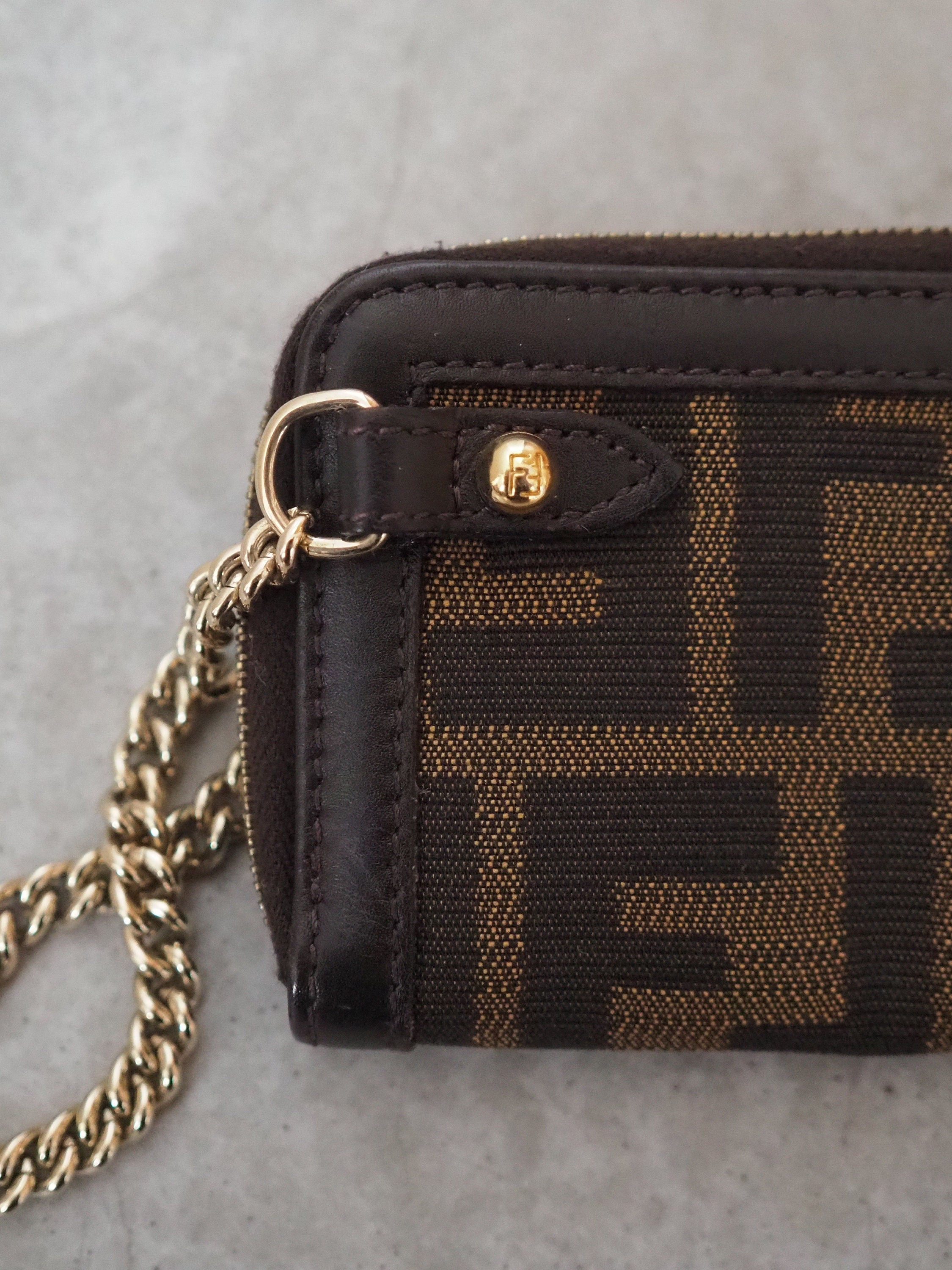FENDI ZUCCA Coin Case Purse Chain Brown Unisex Vintage Authentic