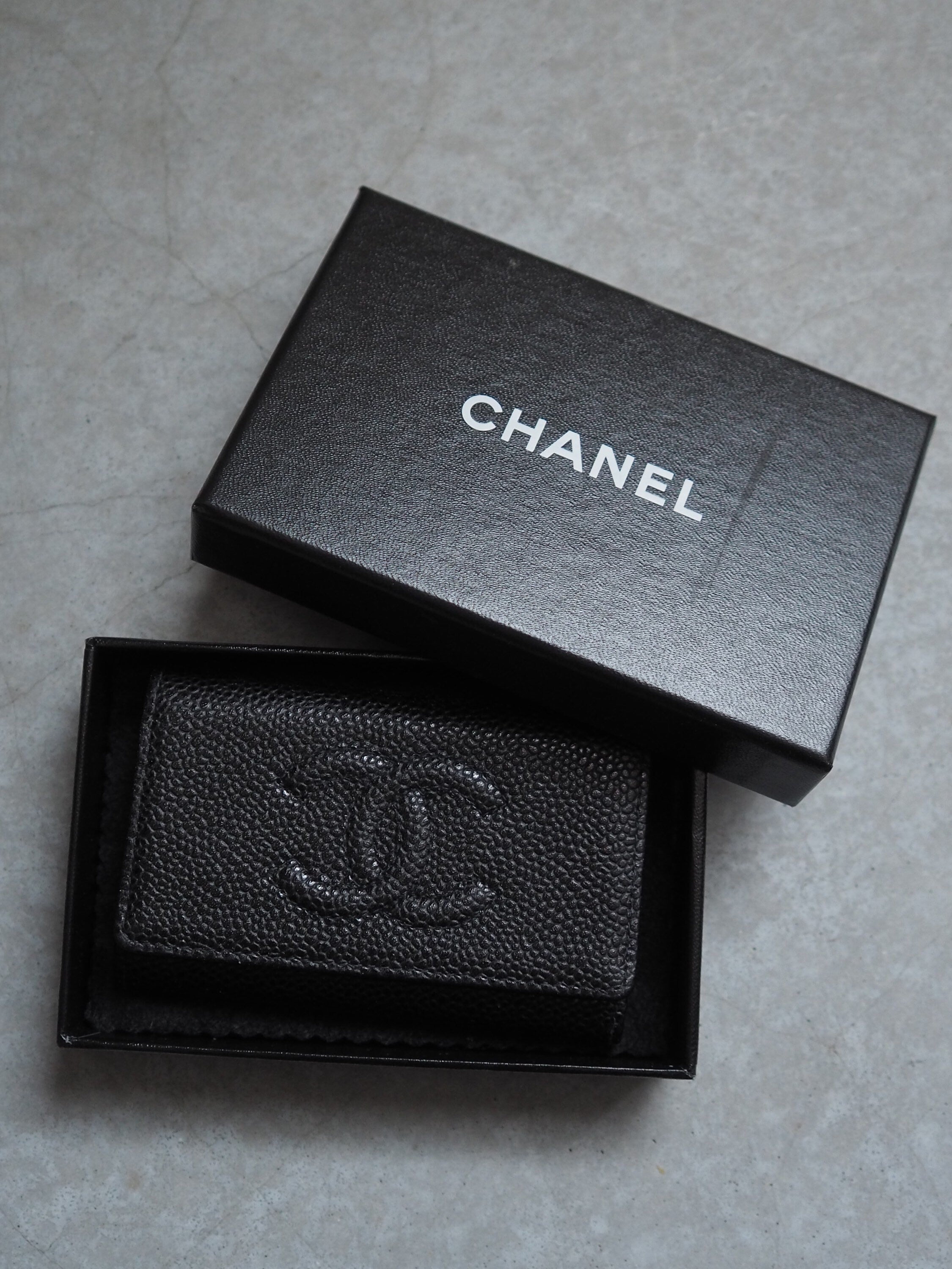 CHANEL COCO Mark Key Case Chain Caviar Skin Leather Black Authentic Vintage Box