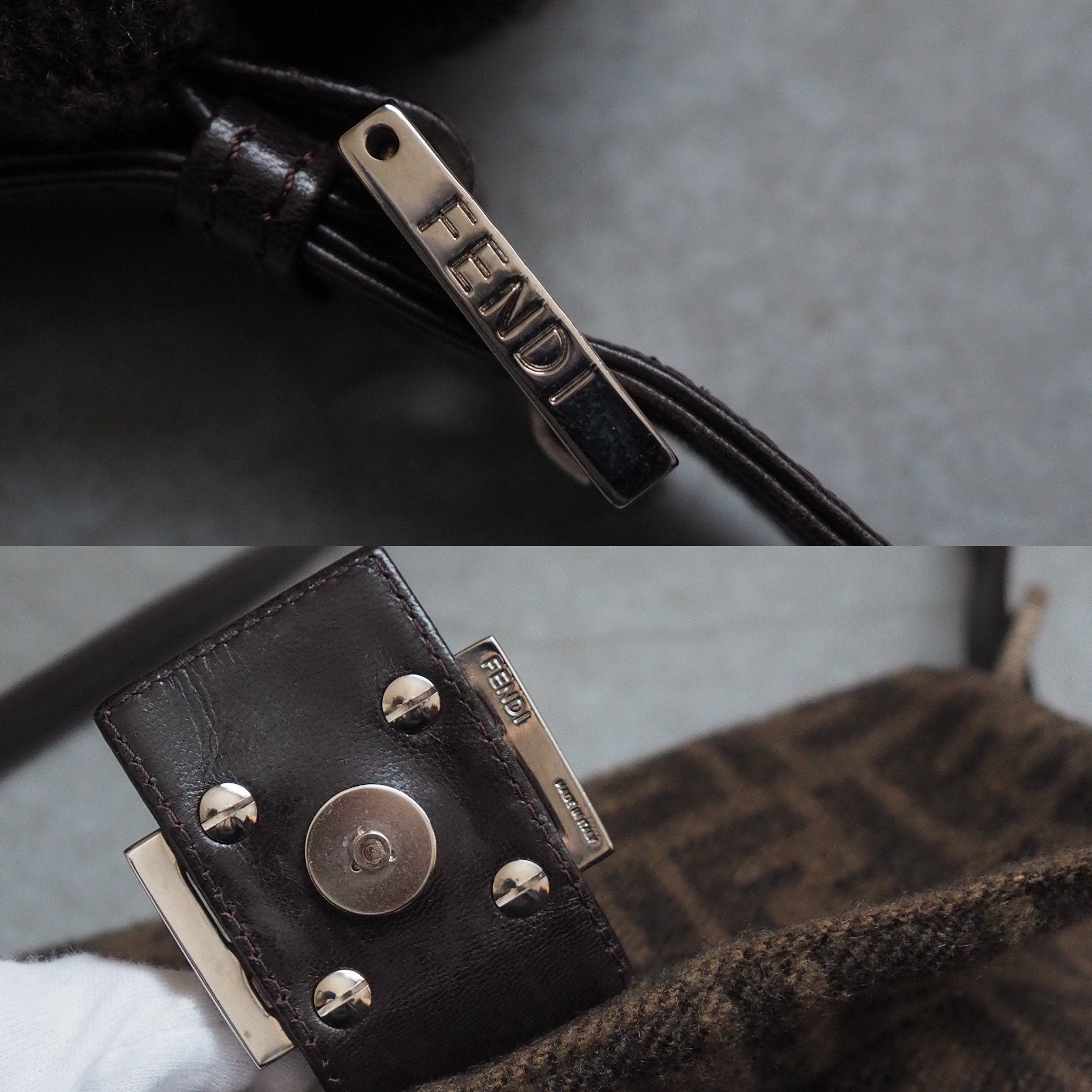 FENDI ZUCCA Mamma bucket Bag Wool Leather Brown Vintage Authentic