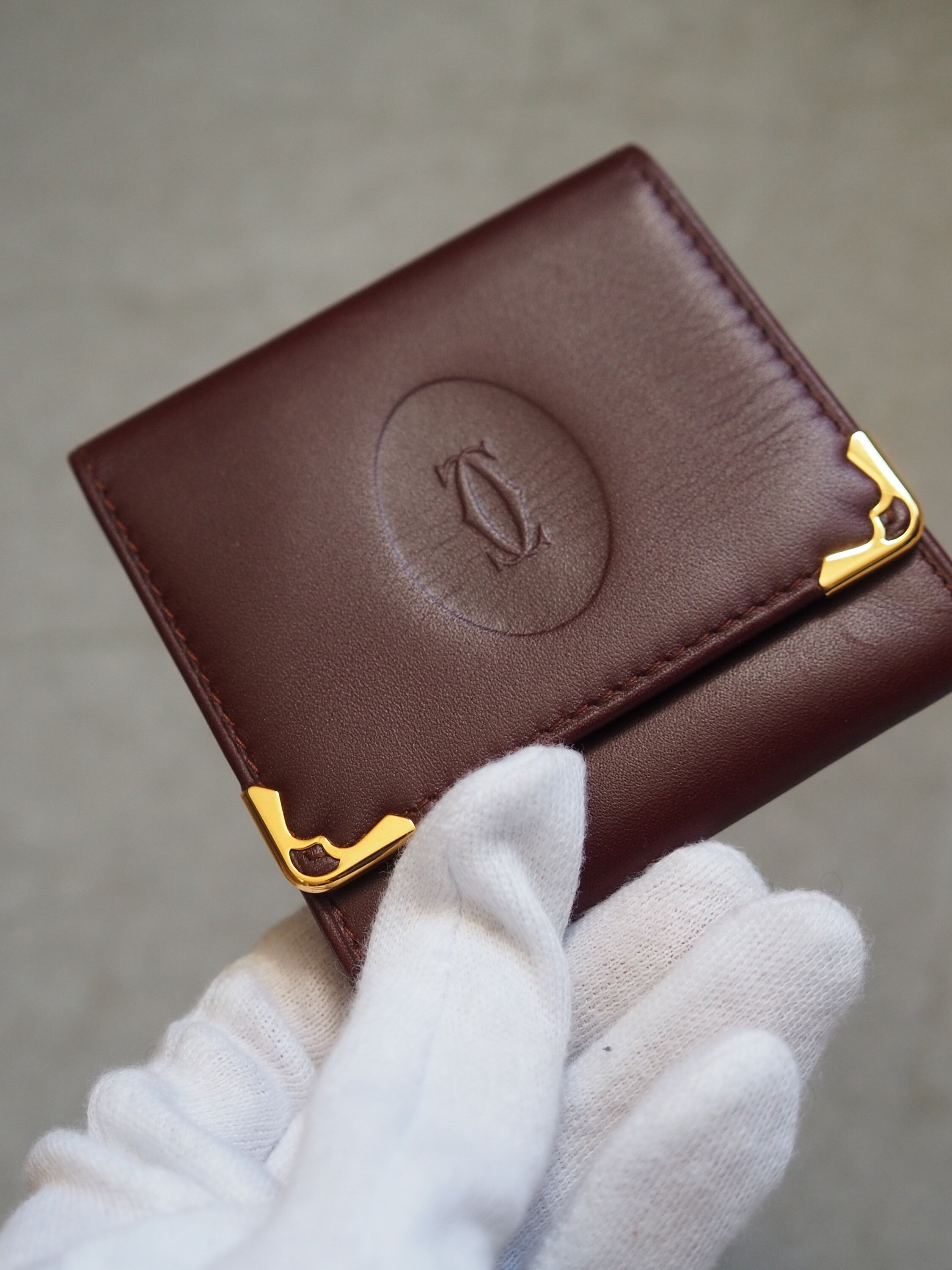 Must De Cartier Coin Case Wallet Red Bordeaux Leather MASTLINE Vintage Authentic