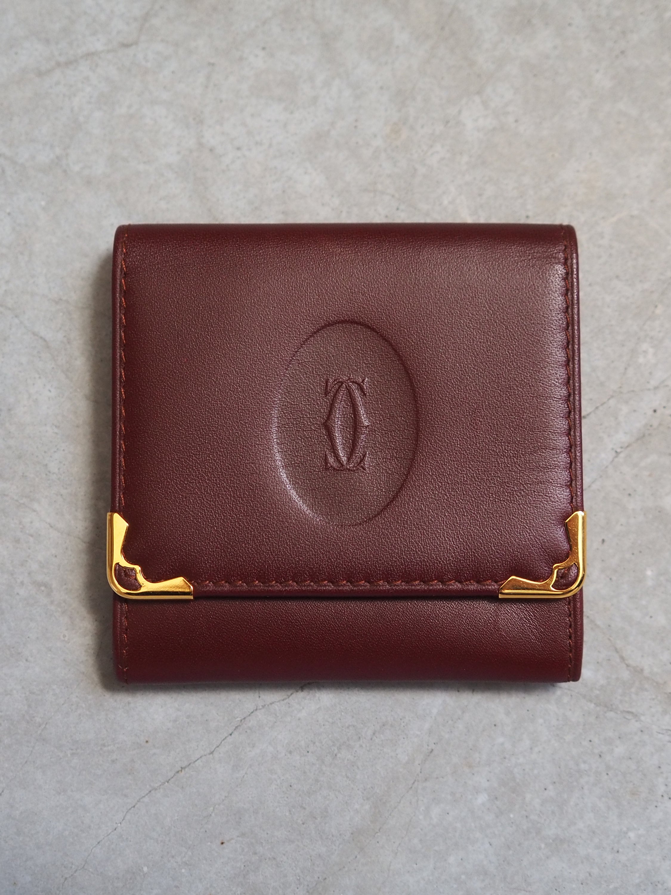 Must De Cartier Coin Case Wallet Red Bordeaux Leather MASTLINE Vintage Authentic
