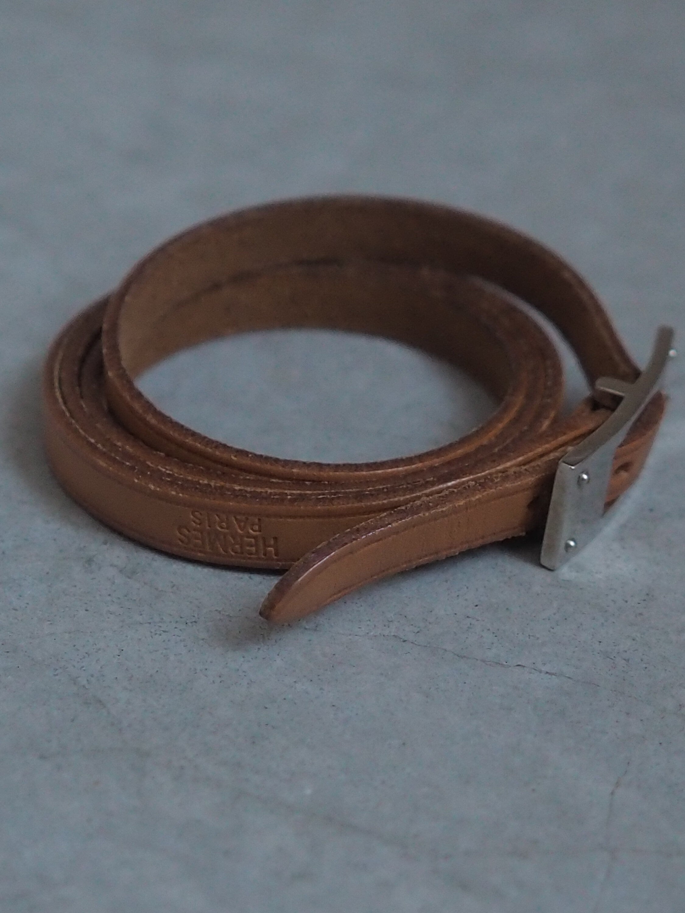 HERMES Leather Api 3 Long Bracelet Hand Band Wristband Brown Silver Metal Vintage Authentic