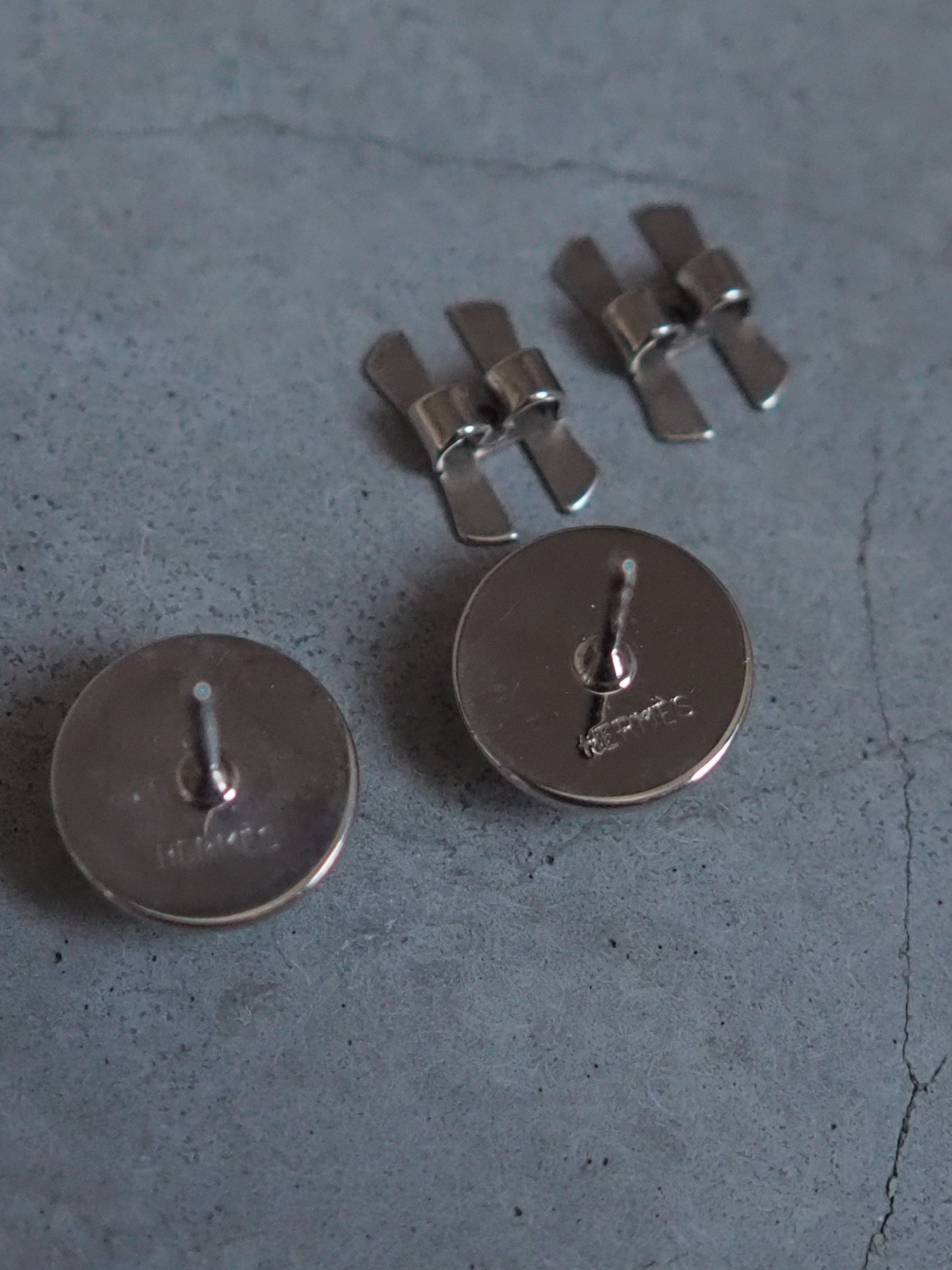 HERMES Eclipse Pierce Earrings Silver/Green Metal/Enamel Accessory Vintage Authentic