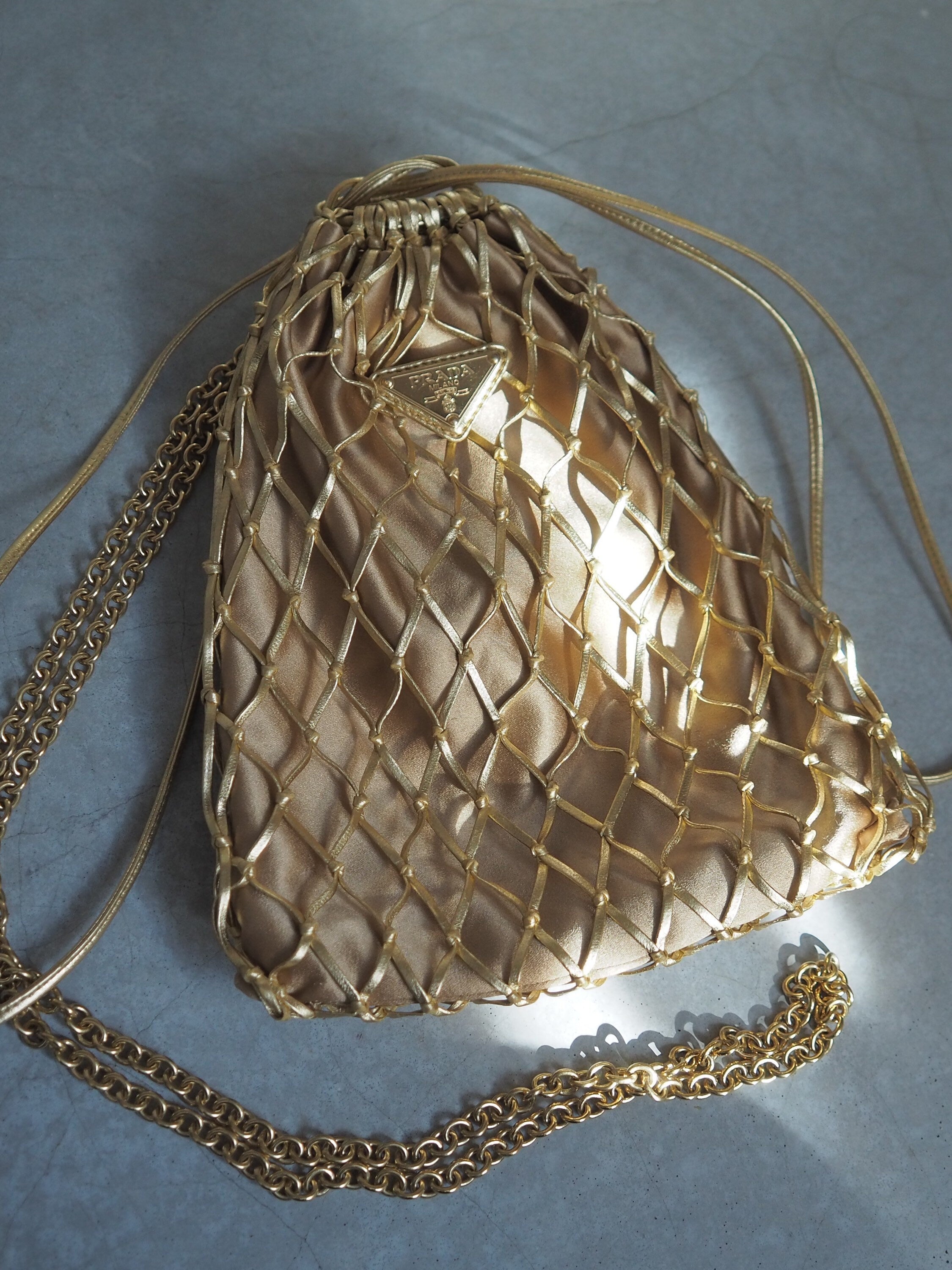 PRADA Metallic Mesh Satin Drawstring Chain Bag Gold Purse Vintage Authentic