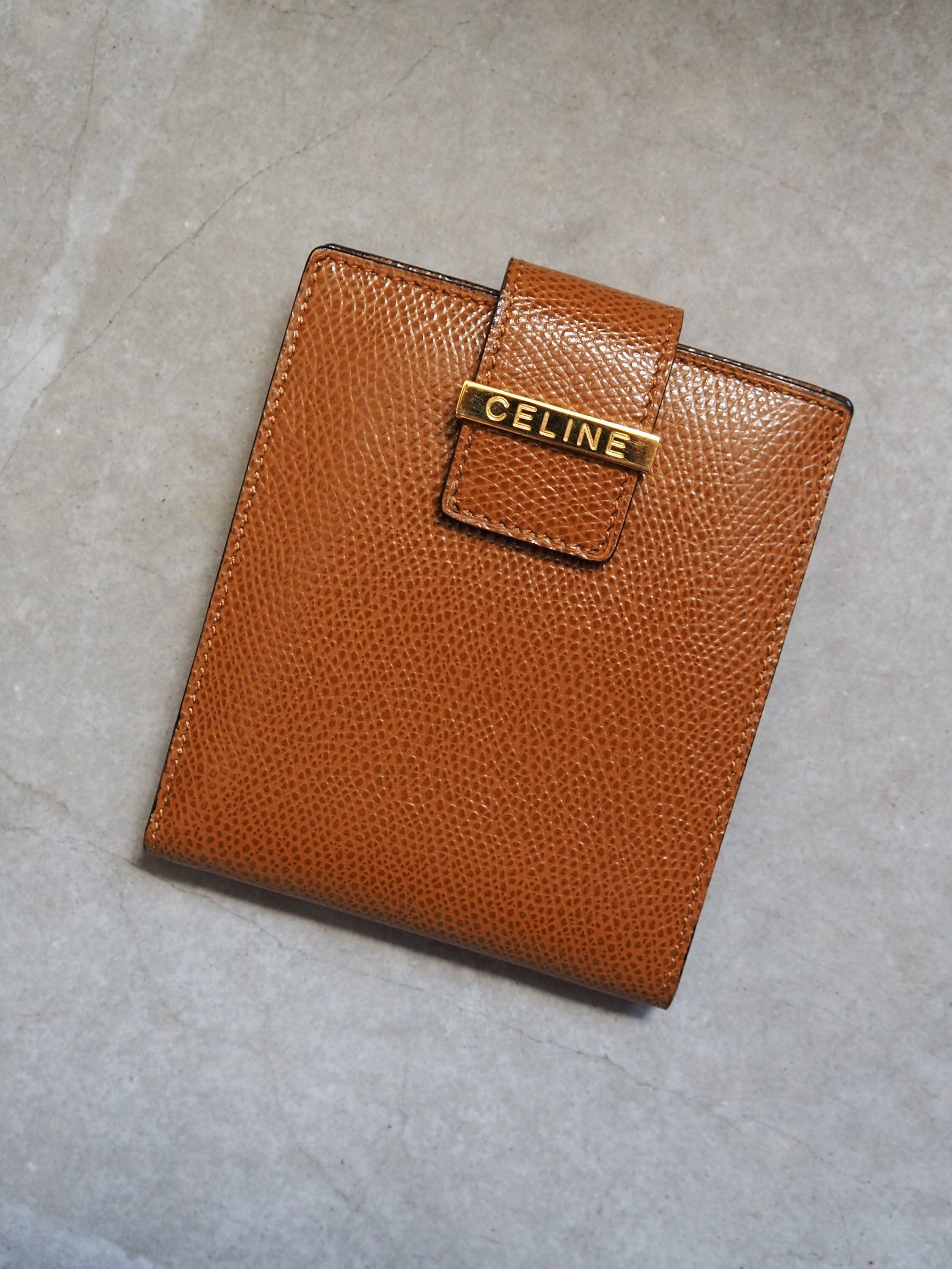 CELINE Logo Compact Wallet Brown Leather Bifold Classic Vintage Authentic