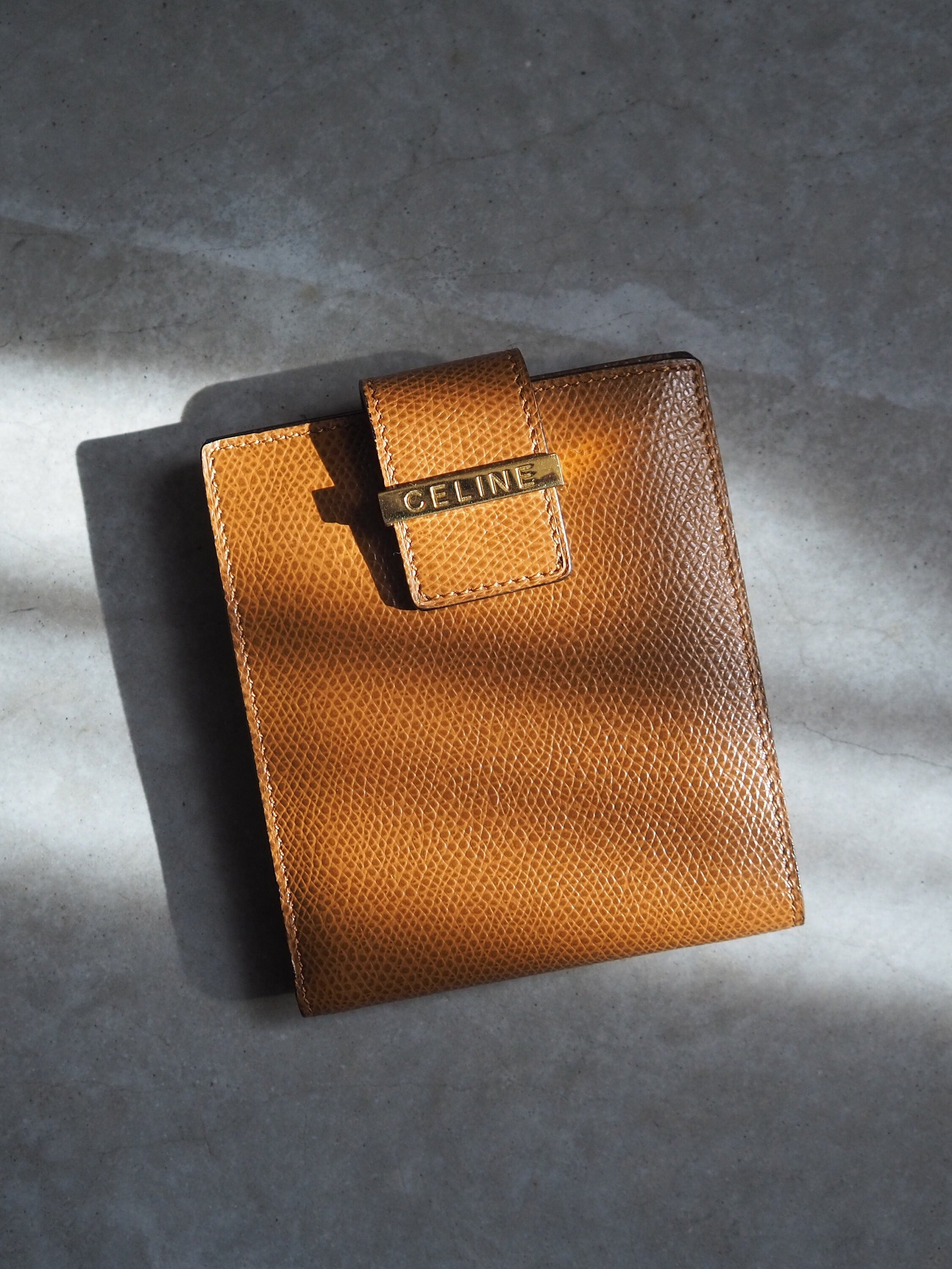 CELINE Logo Compact Wallet Brown Leather Bifold Classic Vintage Authentic
