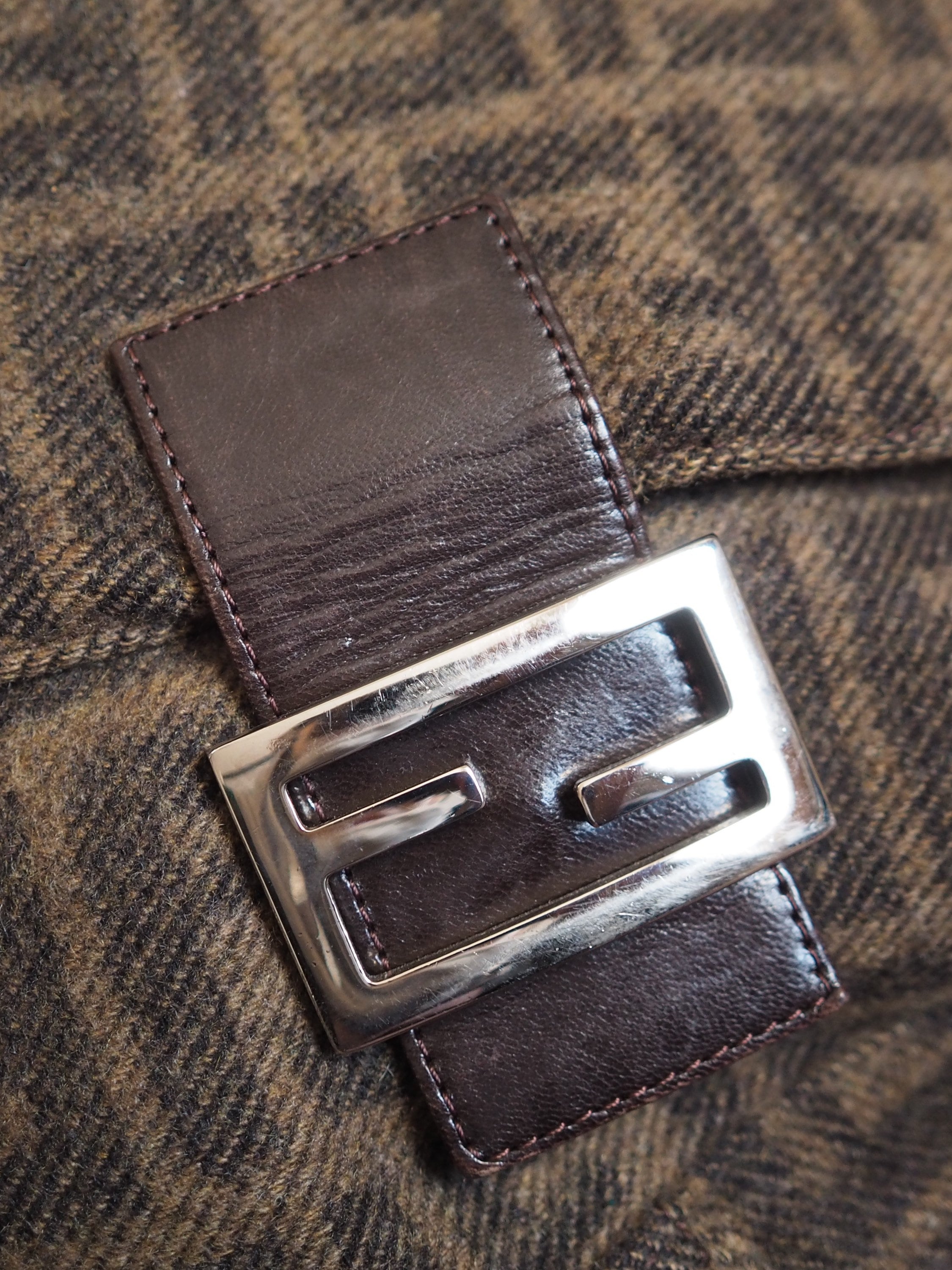 FENDI ZUCCA Mamma bucket Bag Wool Leather Brown Vintage Authentic