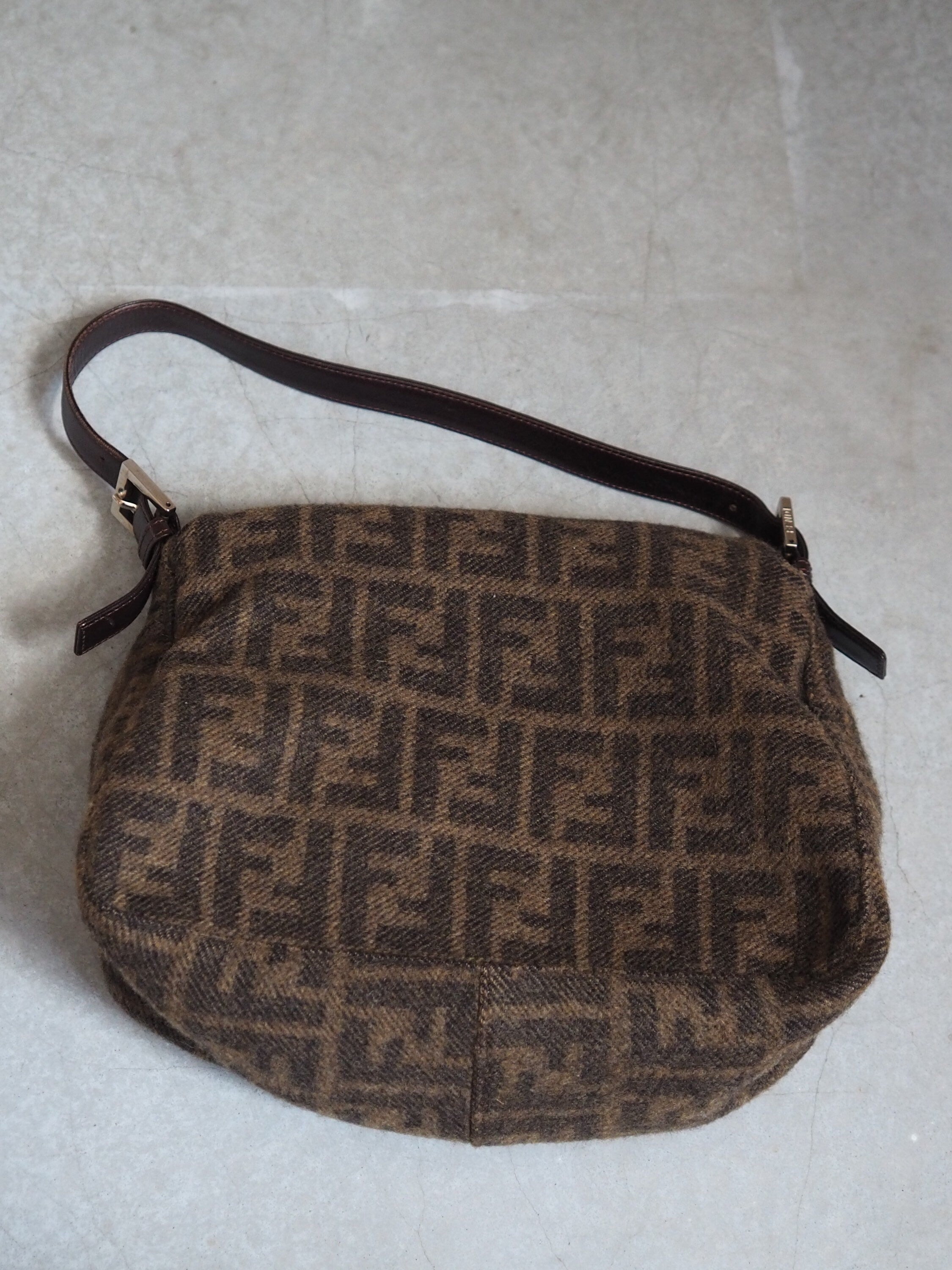 FENDI ZUCCA Mamma bucket Bag Wool Leather Brown Vintage Authentic