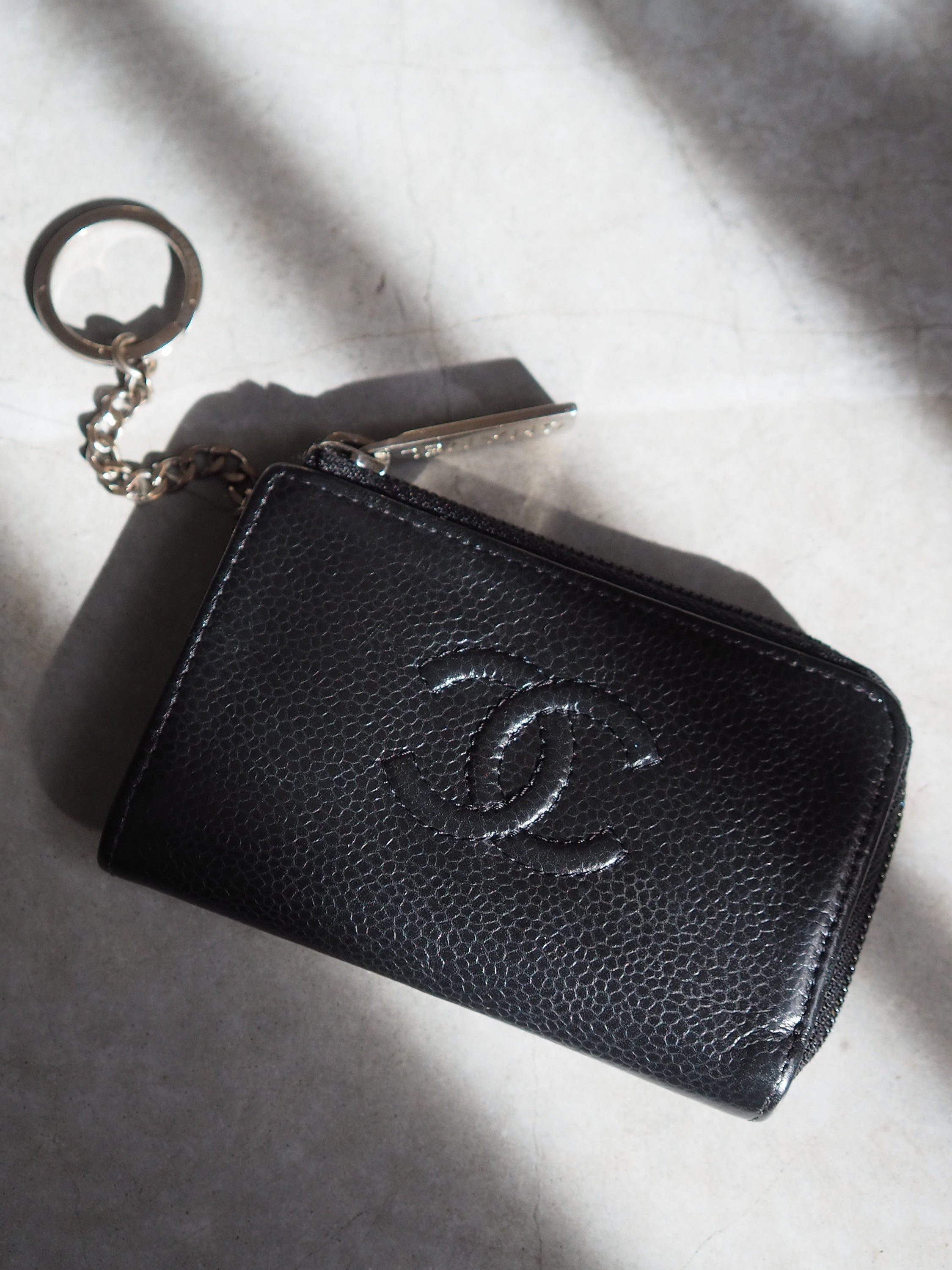 CHANEL COCO Coin Case Purse Key Chain Caviar Skin Leather Black Authentic Vintage
